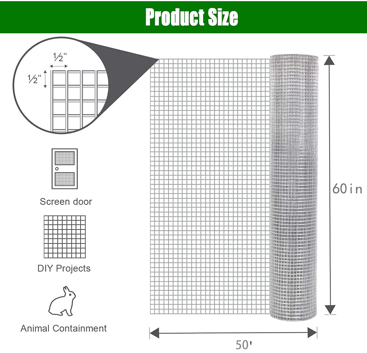 Wire Mesh Fence Roll 60inx50ft, 1-2inchx1-2inch 19GA Galvanized Steel Poultry Netting, Vinyl Coating Metal Wire Hardware Cloth Fence For Garden Yard Animals Plants Protection, Farm Fencing,Silver