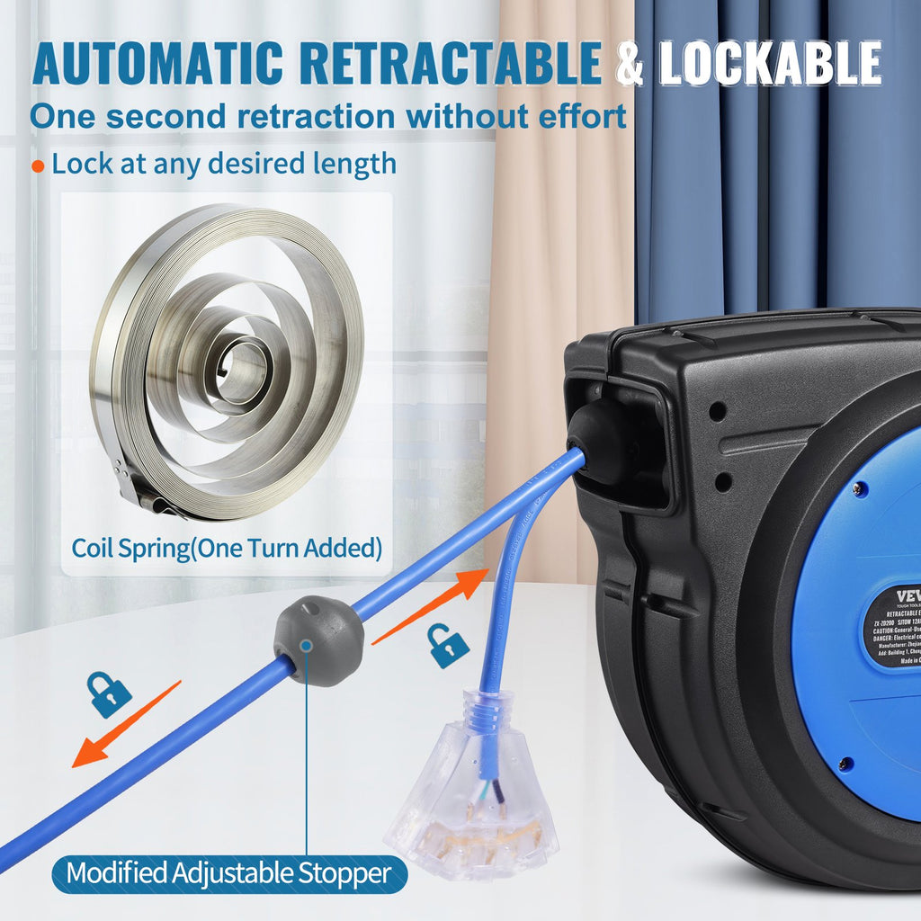 Retractable Extension Cord Reel Power Cord Reel 65FT 12AWG/3C SJTOW