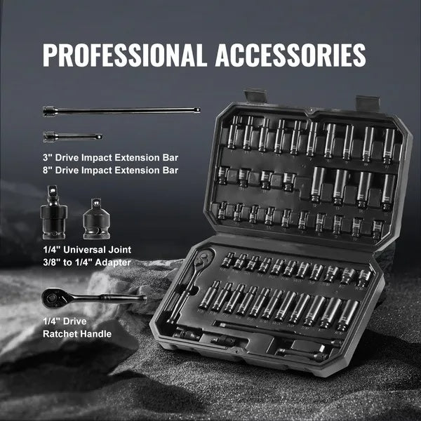 Impact Sockets Set 55pcs 6-Point  Drive Bit Ratchet Tool Kit Case