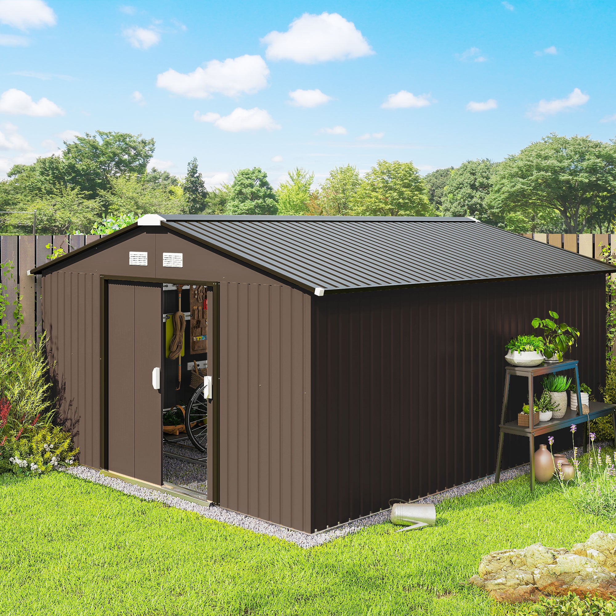 Farm Metal Shed, Storage Shed Utility Storage with Double Locking Doors for Bike, Yard Tools, Brown
