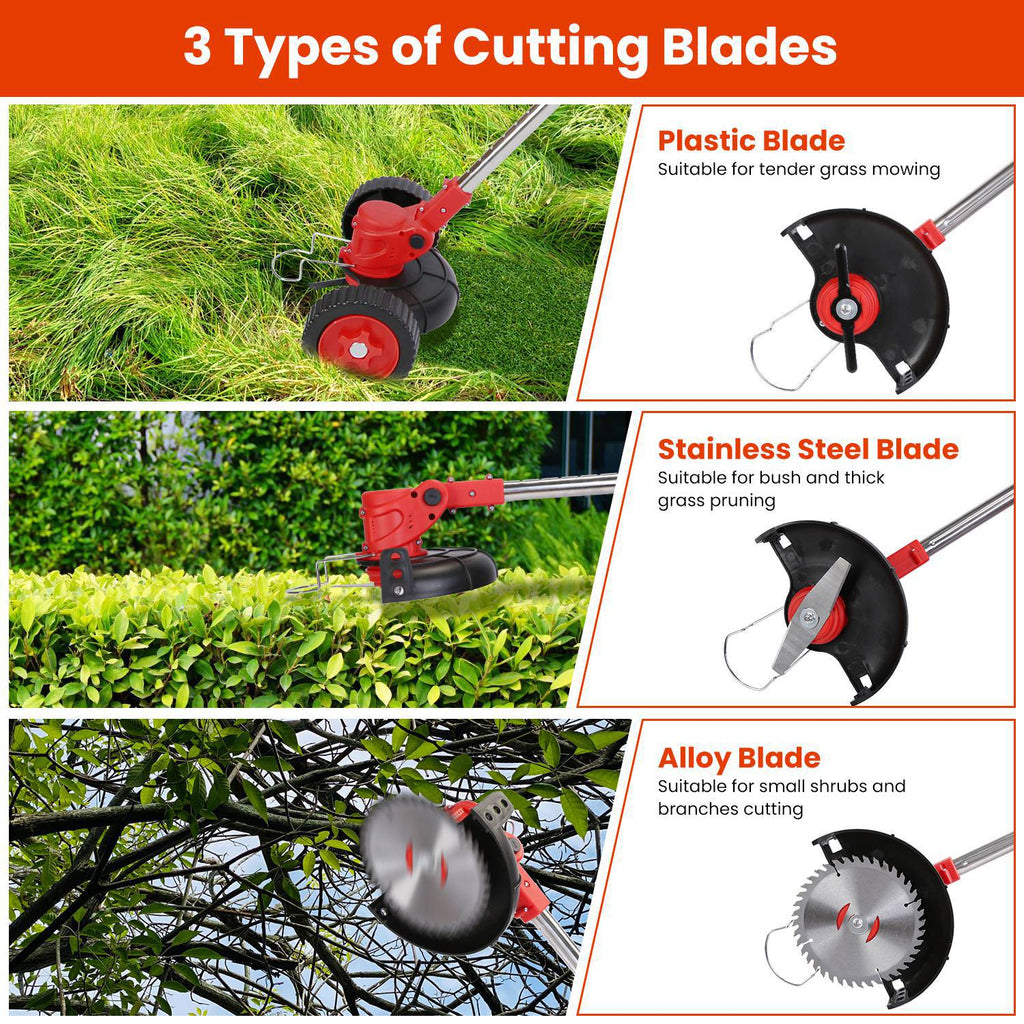 1Pc 3 In 1 Electric Cordless Grass Wacker Battery Powered Grass Trimmer With Wheels Adjustable Head Extendable Length Rechargeable Lightweight Lawn Trimmer With 2Pcs 2500mAh Batteries