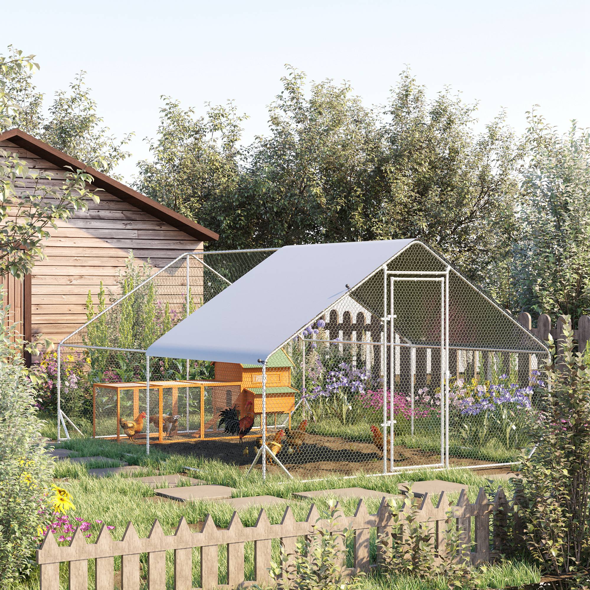 PawHut Large Chicken Coop Metal Chicken Run With Waterproof And Anti-UV Cover, Spire Shaped Walk In Fence Cage Hen House For Outdoor And Yard Farm Use, 1 Tube Diameter, 9.8X 13.1 X 6.6