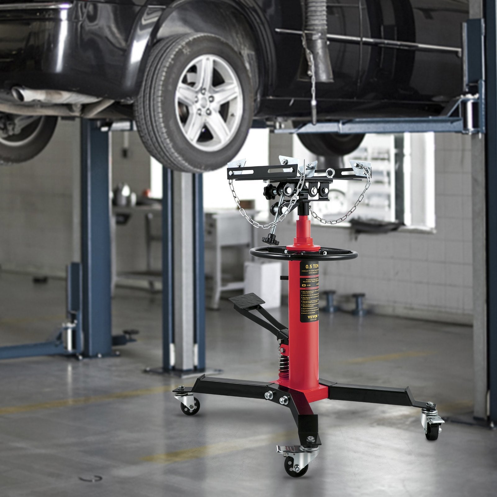 Transmission Jack, Capacity Hydraulic Telescopic Transmission Jack, 2-Stage Floor Jack Stand With Foot Pedal,  Swivel Wheel, Garage