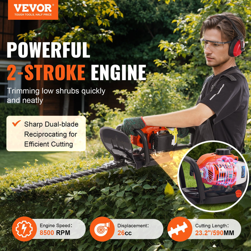 23.2-inch 26CC 2 Cycle Gas Hedge Trimmer, Gas Powered Handheld Hedge Trimmer With Dual Sided Dual Action Blade, 180° Adjustable Trimmer Head, Suitable For Trimming Shrubs, Low Bushes
