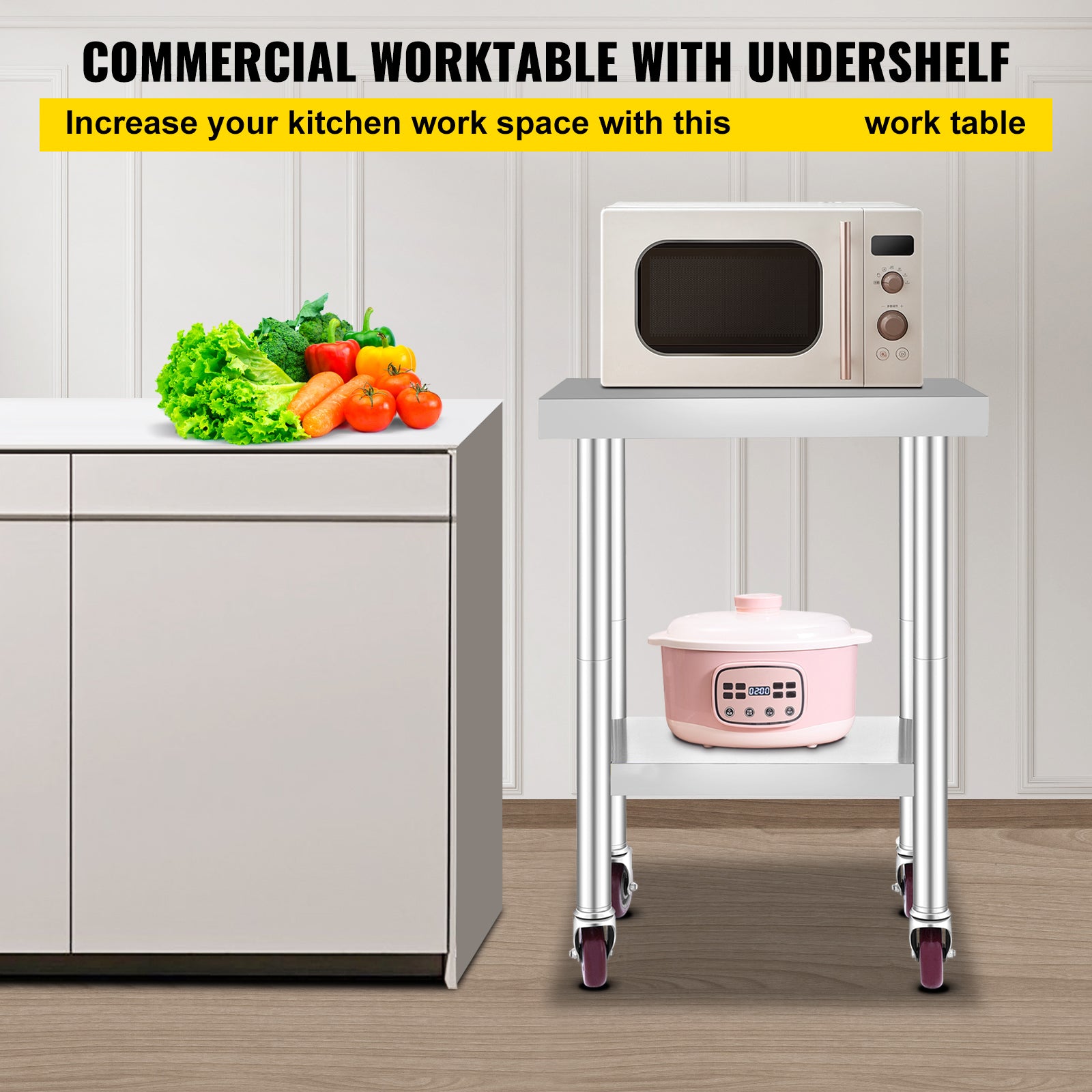 24x18x34 Inch Stainless Steel Work Table 3-Stage Adjustable Shelf With 4 Wheels Heavy Duty Commercial Food Prep Worktable With Brake For Kitchen Prep Work