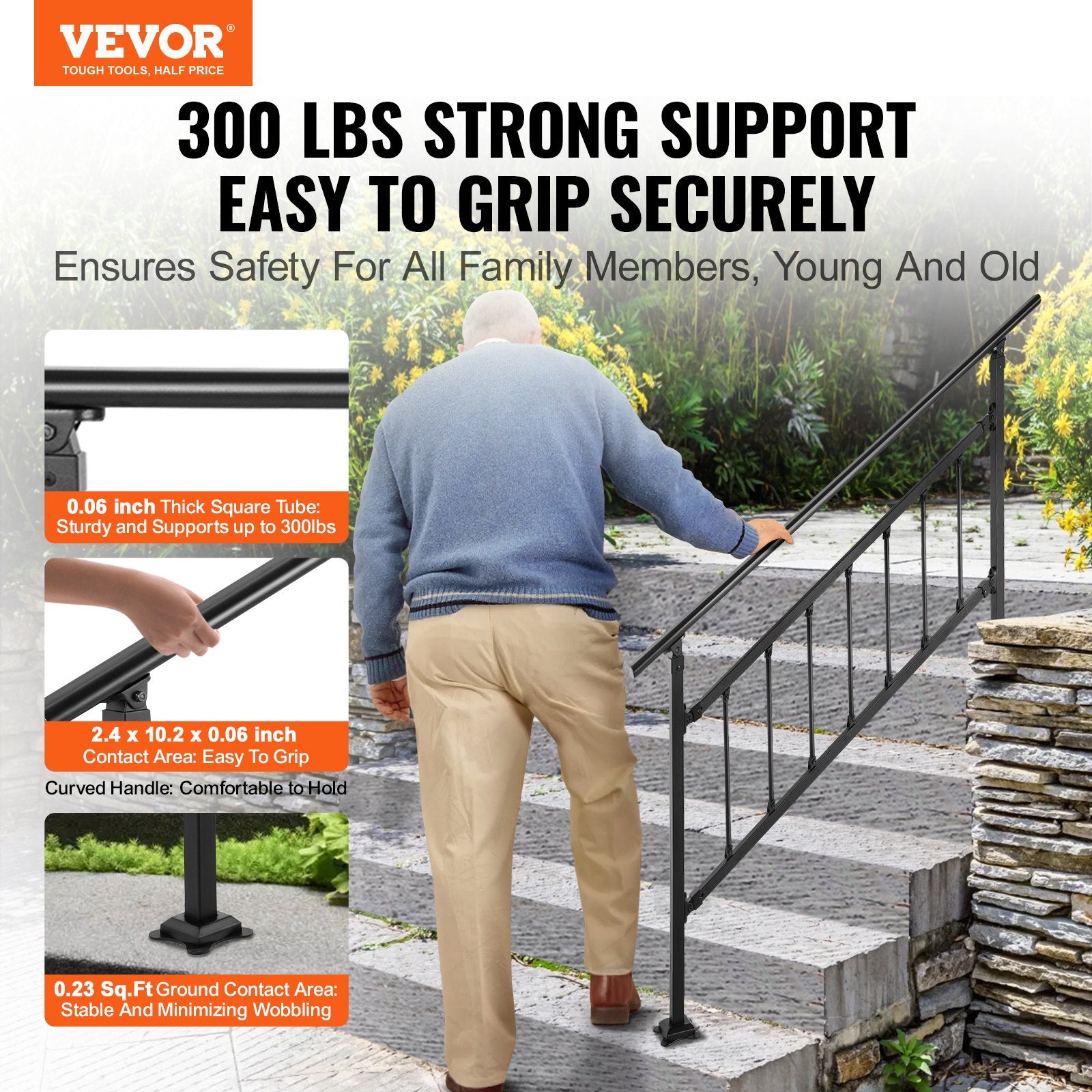 Outdoor Stair Railing, Fits For 1-5 Steps Transitional Wrought Iron Handrail, Adjustable Exterior Stair Railing With Fence, Handrails For Concrete Steps With Installation Kit, Matte Black