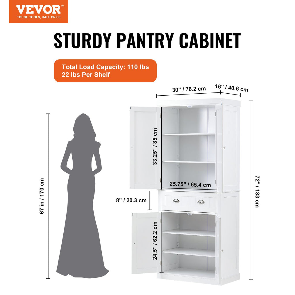 Kitchen Pantry Storage Cabinet, Freestanding Utility Cabinets With Doors, Drawer And 3 Adjustable Shelves, Tall Food Buffet Pantries For Kitchen, Living Room, Dinning Room, Laundry, White