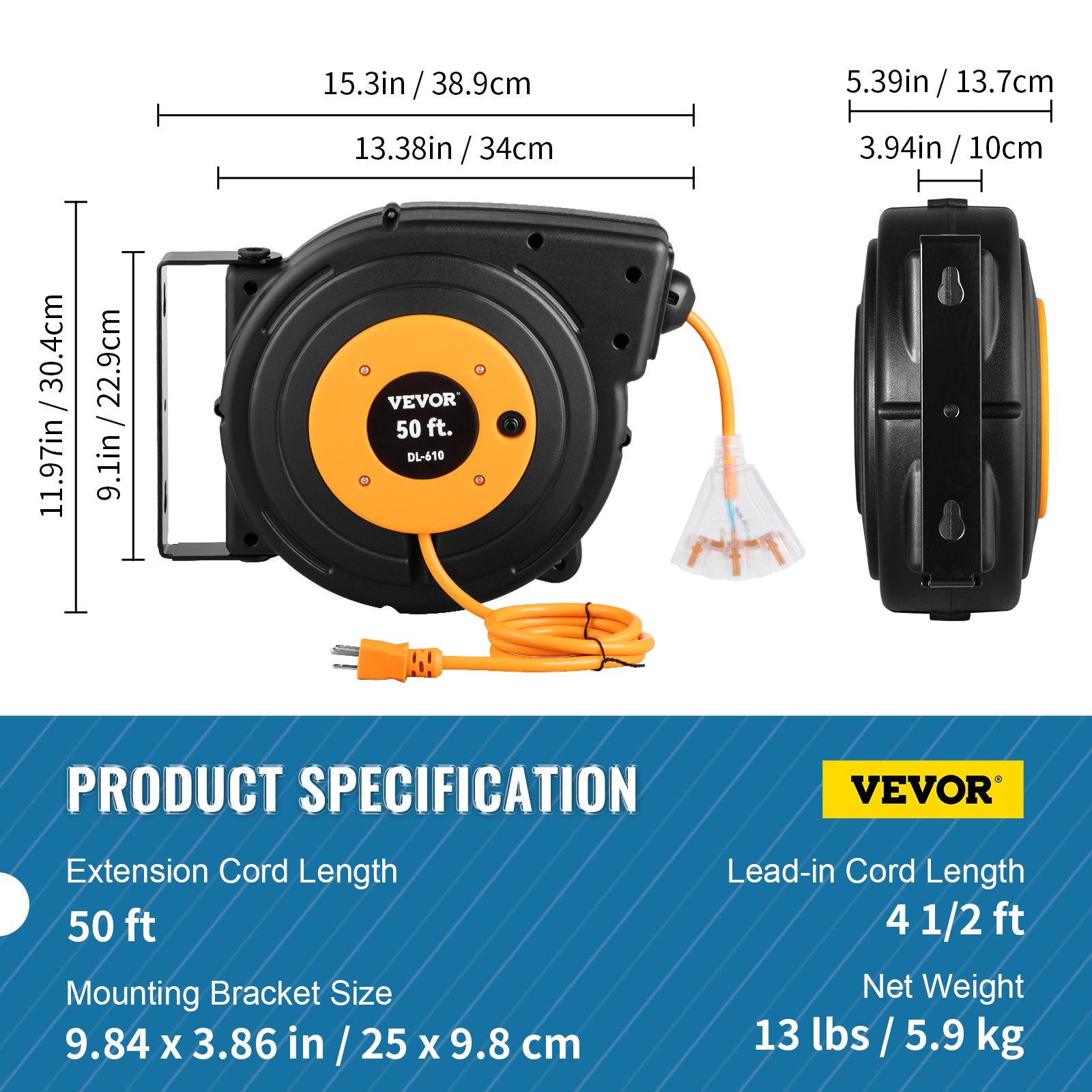 50ft Retractable Extension Cord Reel 14AWG 3CSJTOW Power Cord Reel