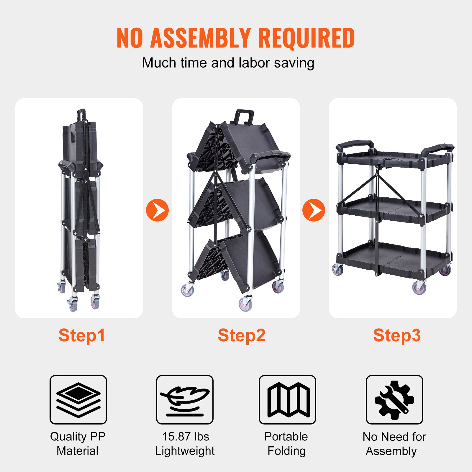 Foldable Utility Service Cart, 3 Shelf 165LBS Heavy Duty Plastic Rolling Cart With Lockable Wheels, Ergonomic Handle, Portable Garage Tool Cart