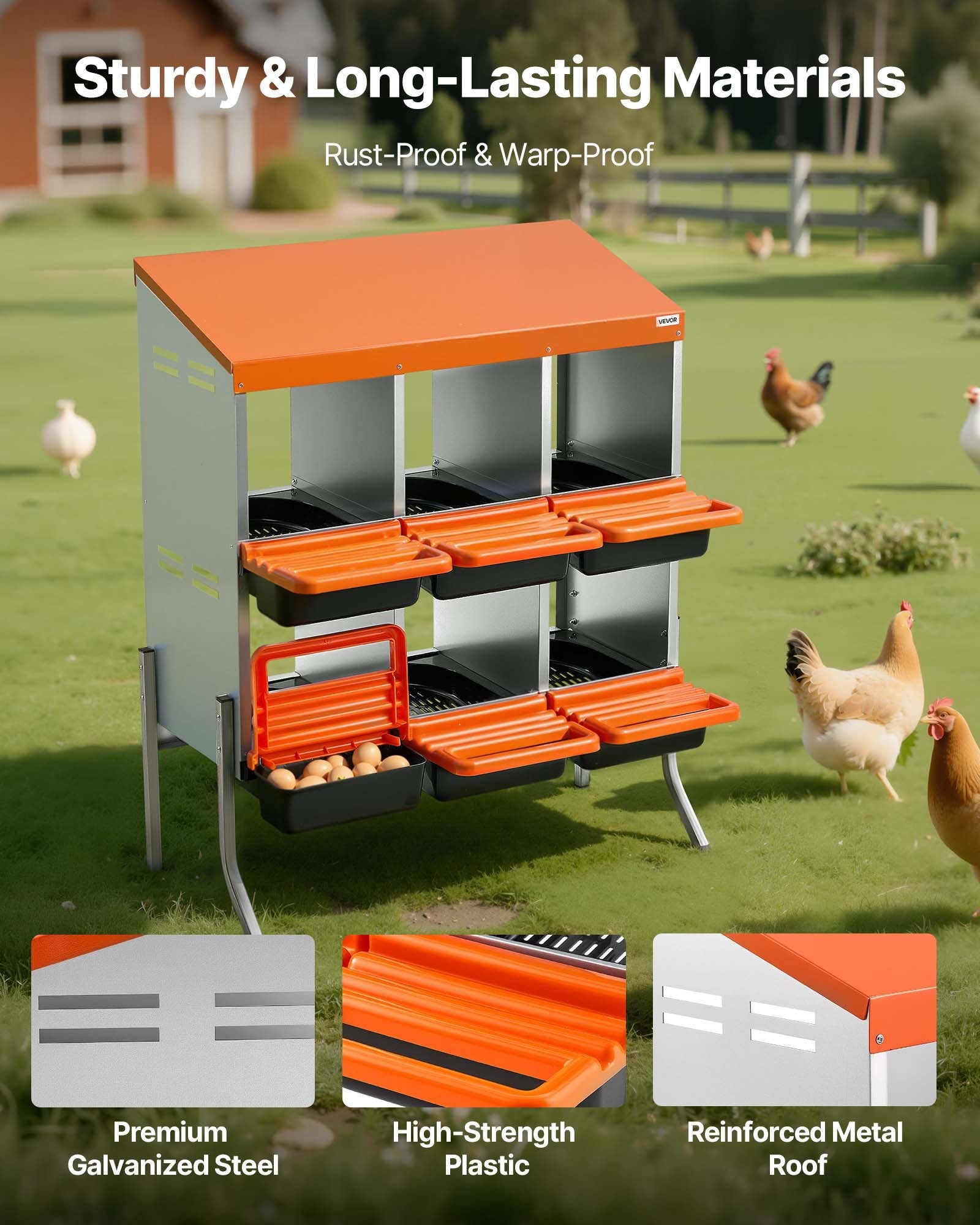 Chicken Nesting Boxes, 6 Compartments, With Support Legs, Easy Egg Collection, Galvanized Steel And High-Strength Plastic, Roll Away Nesting Boxes For Chickens And Hens Laying Eggs, Orange