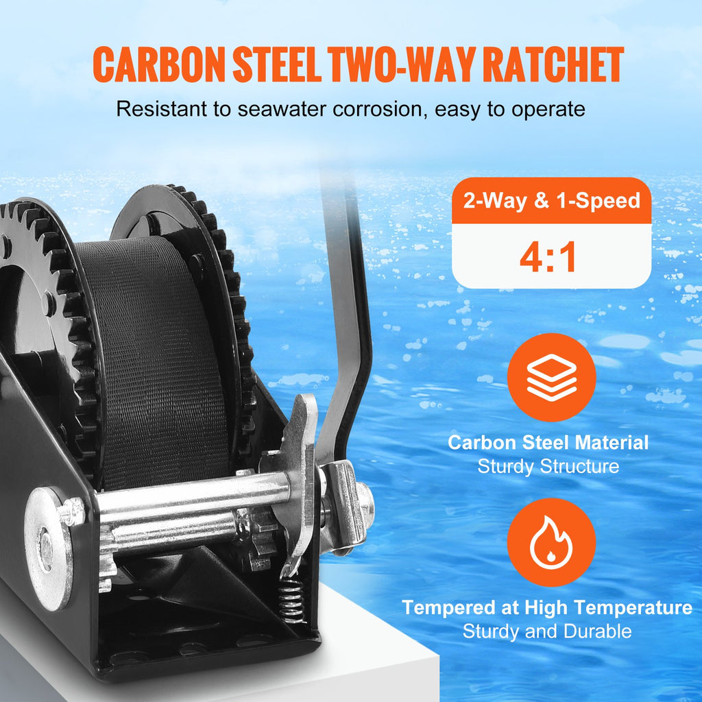 Hand Winch, 2000 Lbs Pulling Capacity, Boat Trailer Winch Heavy Duty Rope Crank With 23 Ft Polyester Strap And Two-Way Ratchet, Manual Operated Hand Crank Winch For Trailer, Boat Or ATV Towing