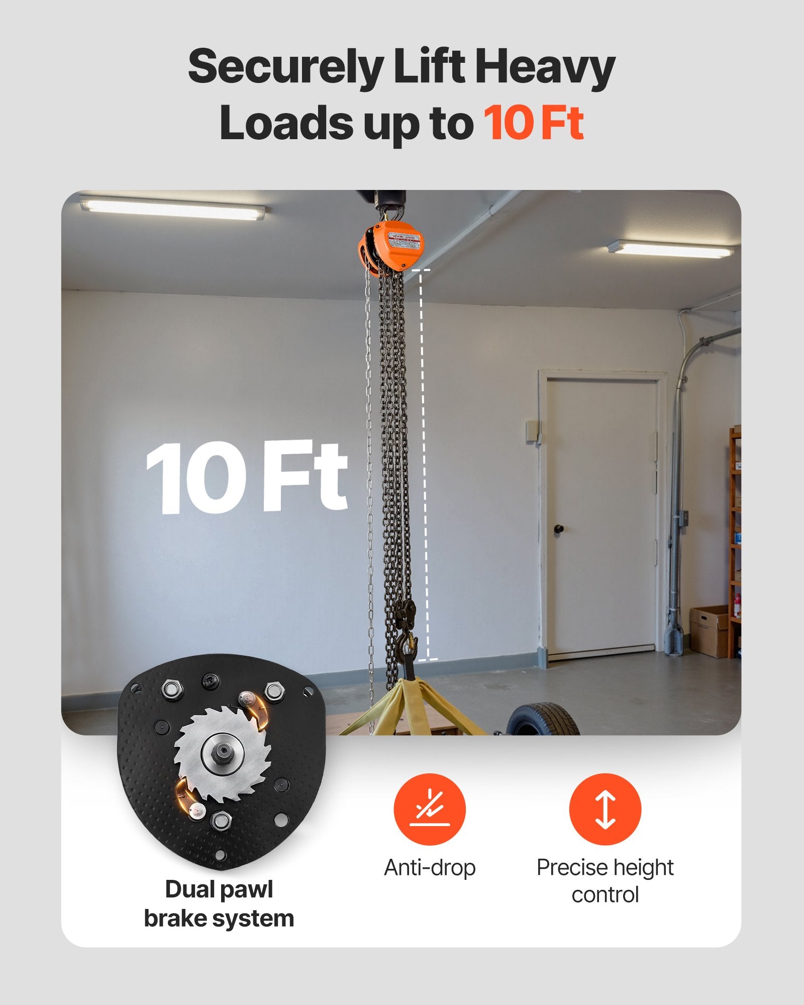 Hand Chain Hoist 6600 Lbs Capacity 10 Ft Manual Chain Block With G80 Chain