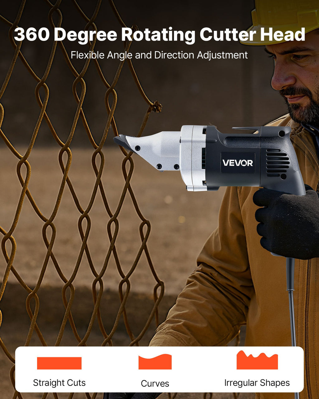 Electric Metal Shear, 4.0-Amp Corded Sheet Metal Cutter With 360-Degree Swivel Head, Variable Speed, Continuous Cutting, Clean Cut For 18GA Galvanized Steel, 20 GA Stainless Steel, 2500 SPM