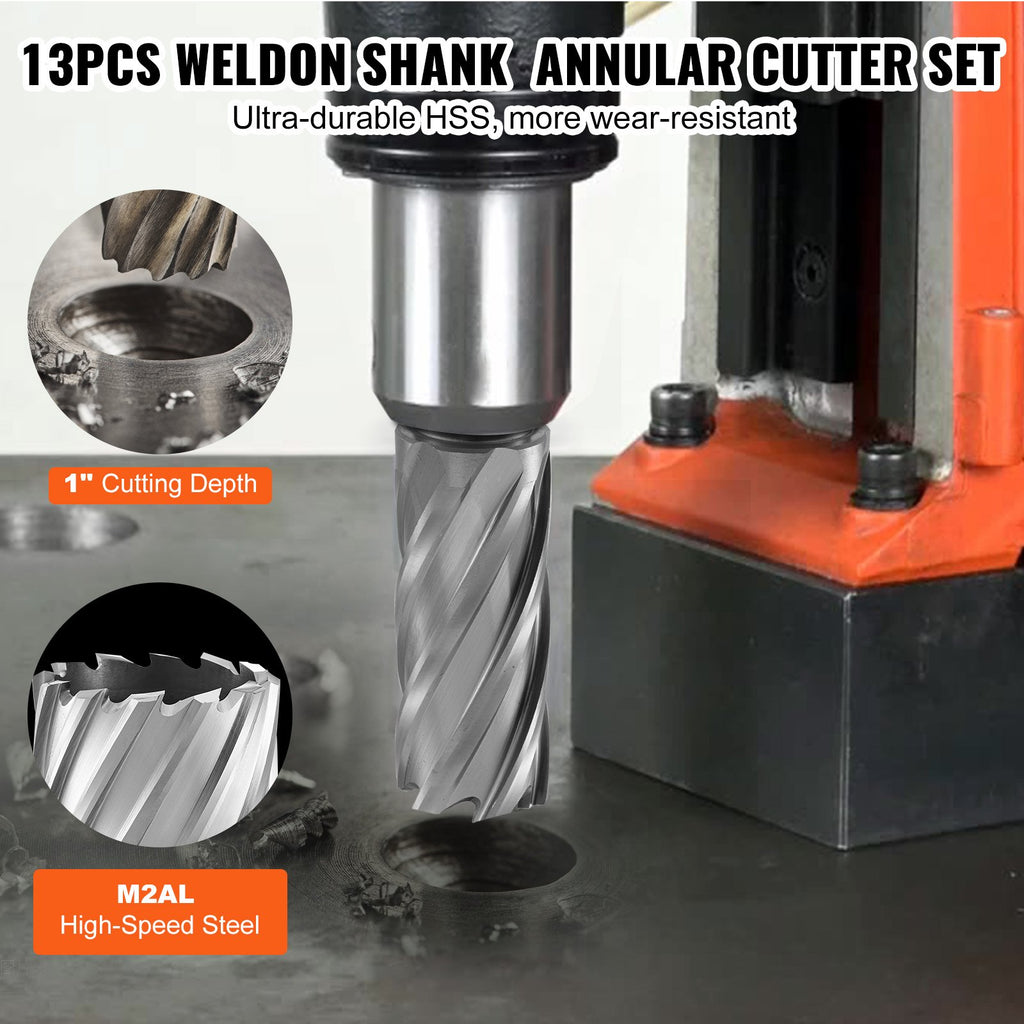 Annular Cutter Set, 13 Pcs Weldon Shank Mag Drill Bits, 7/16' To 1-1/16' Cutting Diameter, 1' Cutting Depth, M2AL HSS, 2 Pilot Pins, Hex Wrench And Portable Case, For Using With Magnetic Drills