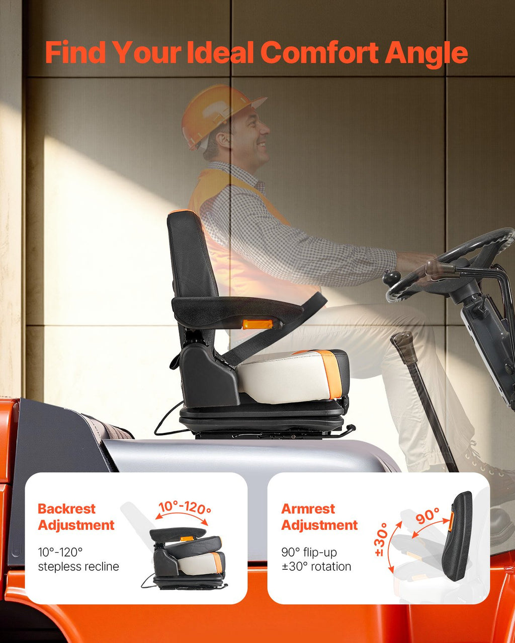 Universal Forklift Seat, Tractor Suspension Seat With Adjustable Back, Armrest & Safety Belt, Secure Fold Down Tractor Seat With Micro Switch, Lawnmower Seat For Skid Loader Bulldozer