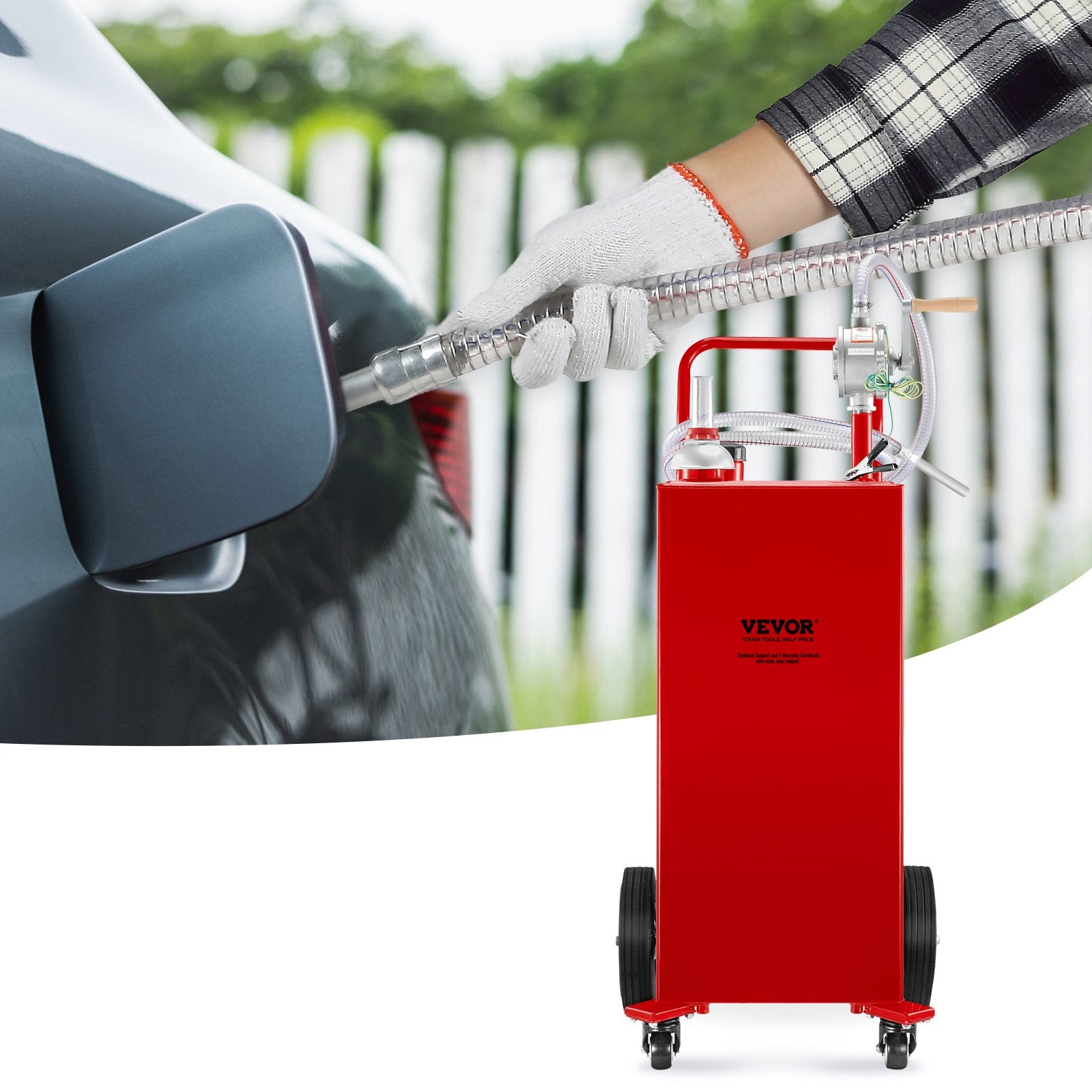 Fuel Caddy, 35 Gallon, Gas Storage Tank On 4 Wheels, With Manuel Transfer Pump, GasolineFuel Container For Cars, Lawn Mowers, ATVs, Boats, More, Red