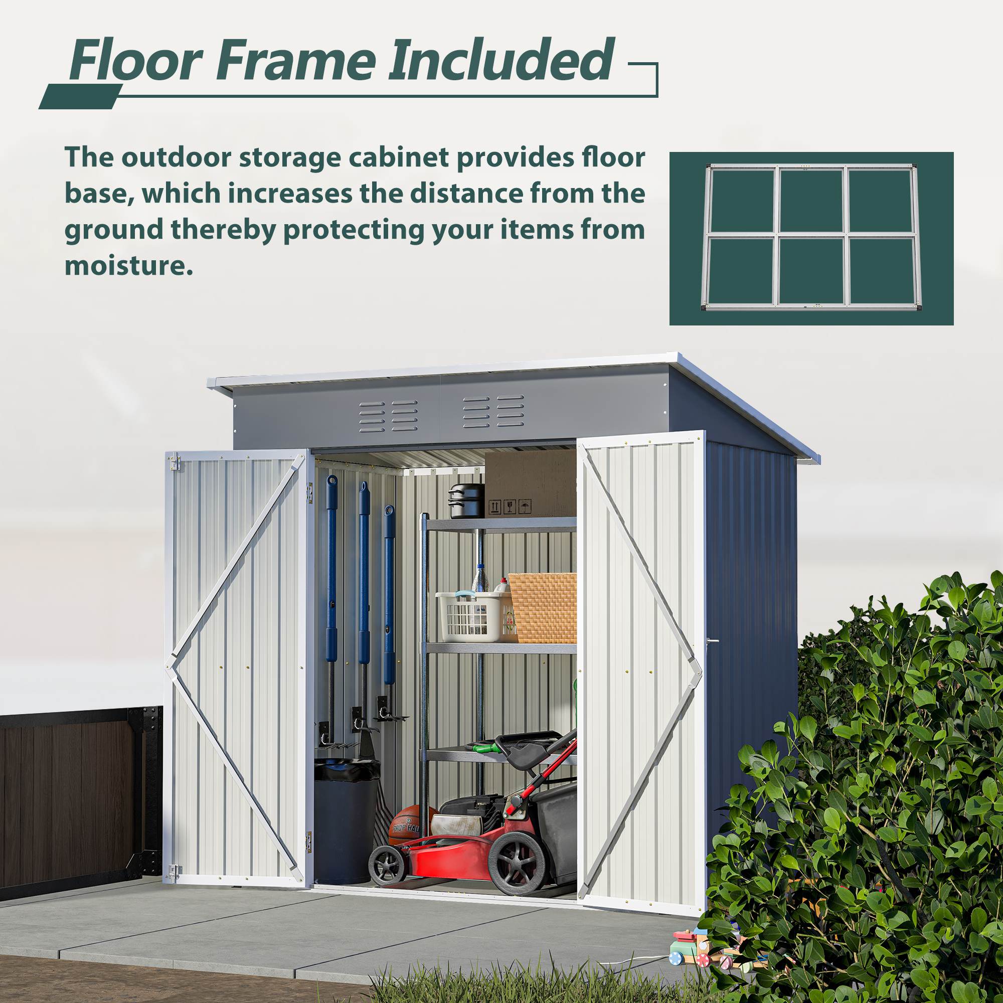 6'x4' Outdoor Metal Storage Shed For Farm
 Tools Lockable Door With Floor Frame