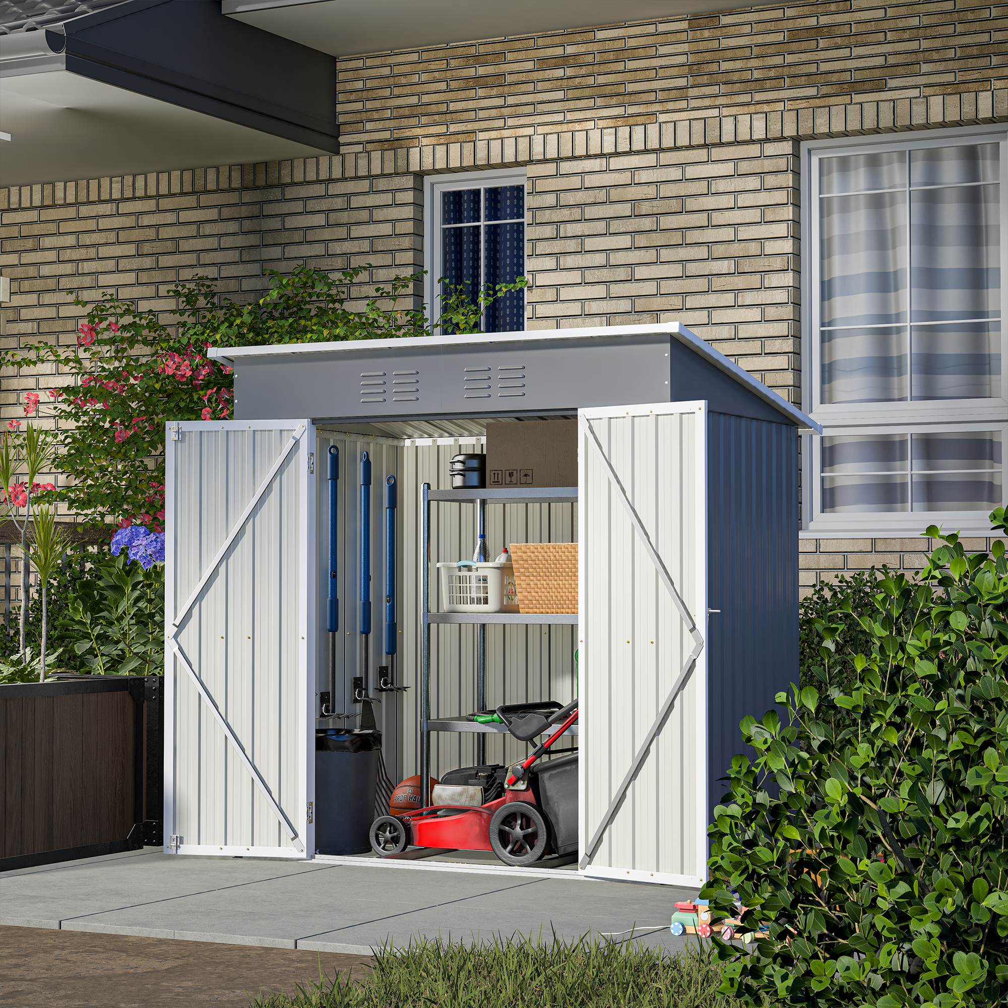 6'x4' Outdoor Metal Storage Shed For Farm
 Tools Lockable Door With Floor Frame