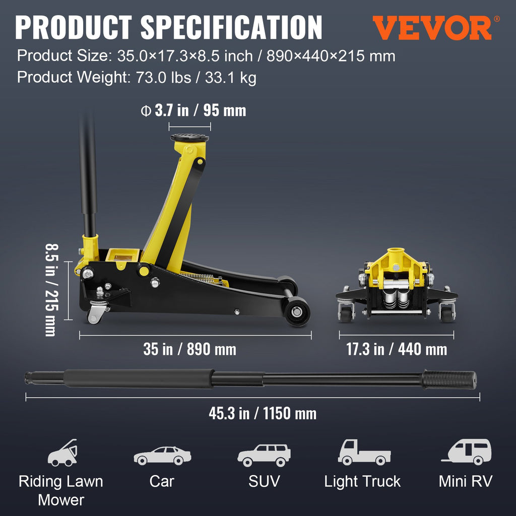 Floor Jack, 3 Ton Low Profile Floor Jack, Heavy-duty Steel Racing Floor Jack With Dual Pistons Quick Lift Pump, Floor Jack Lifting Range