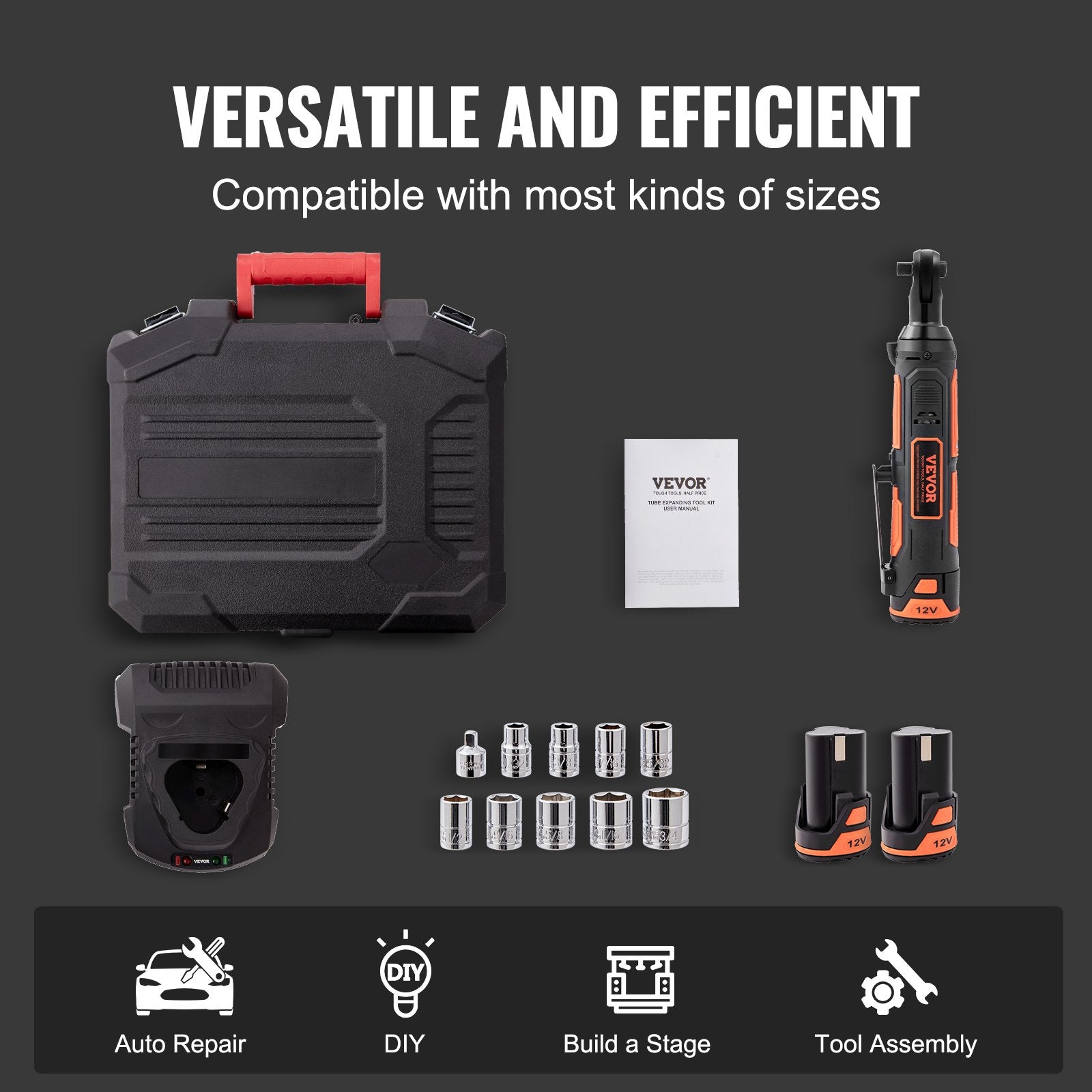3/8" Cordless Electric Ratchet Wrench Set, 12V 33 Ft-lbs Power Ratchet Tool Kit, 45-Min Fast Charge, 2-Pack 2.0Ah Battery, Built-in LED Light, Variable Speed Trigger, 10 Sockets