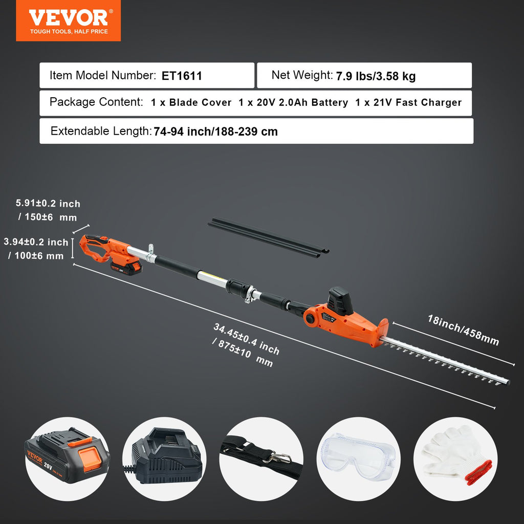 20V Cordless Hedge Trimmer, 18 Inch Double-edged Steel Blade, Pole Hedge Trimmer Kit 20V Battery, Fast Charger Included, Telescoping Design For High Branches
