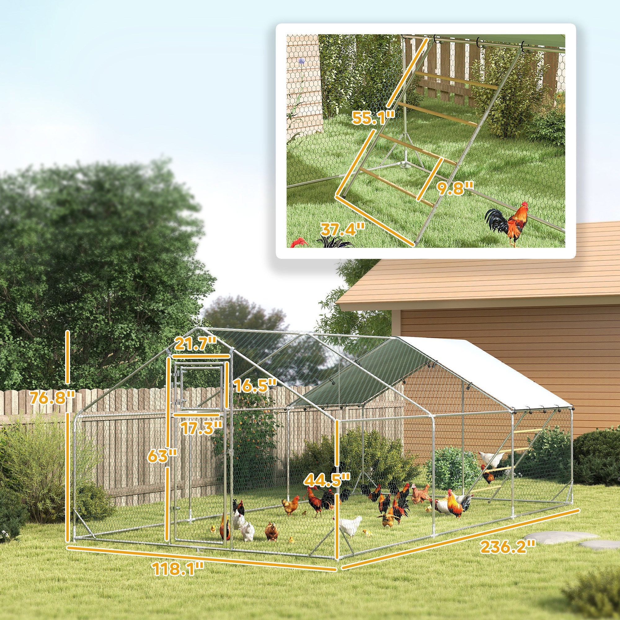 Metal Chicken Run w/ Waterproof & Anti-UV Cover, Feeding Door, Hanging Feeder, for 18-24 Chickens, 9.8' x 19.7' x 6.4'