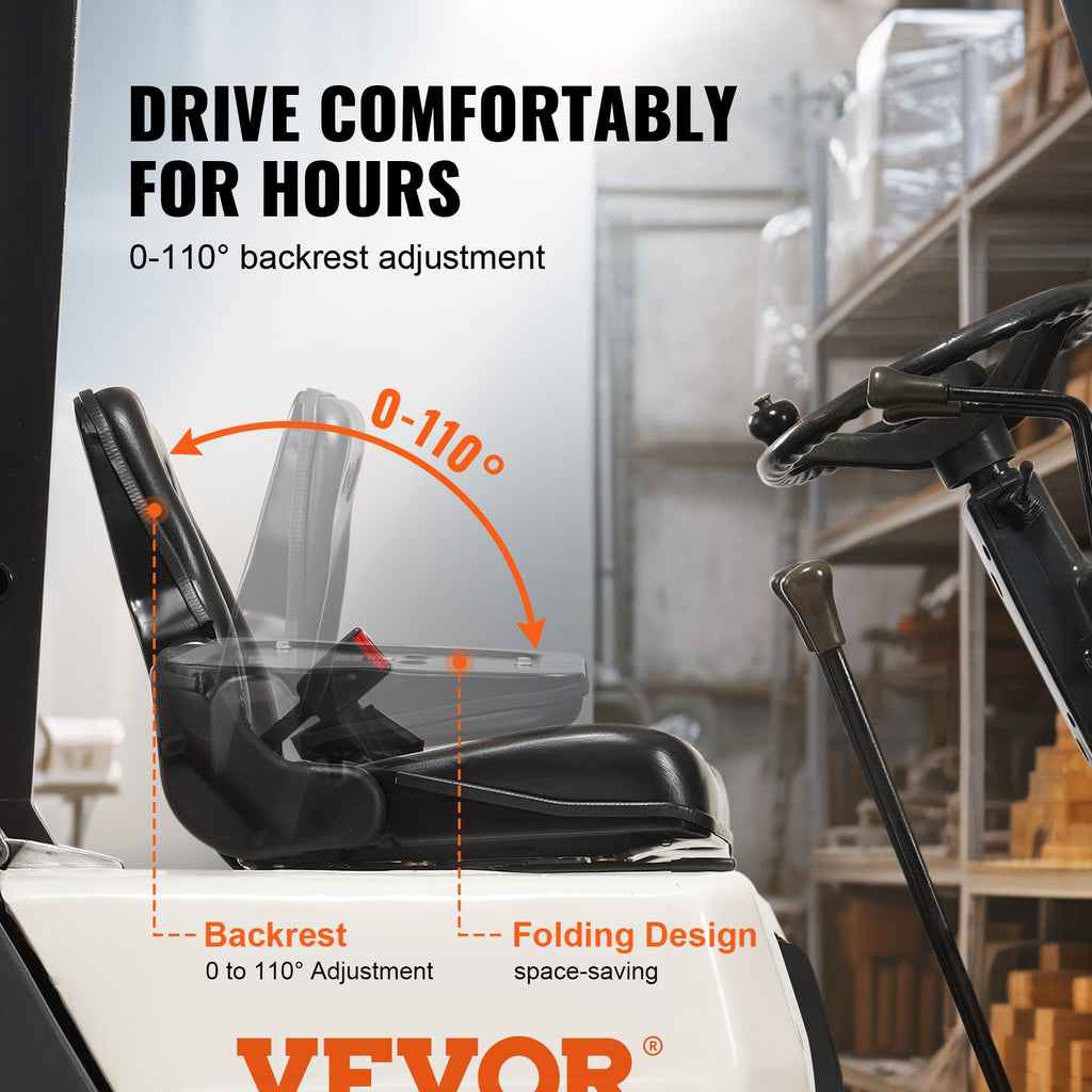Universal Forklift Seat, Fold Down Tractor Seat With Adjustable Angle Back, Micro Switch And Retractable Seatbelt, 6.3-13.4 Inch Slot Forklift Seat For Tractor Loader Excavator