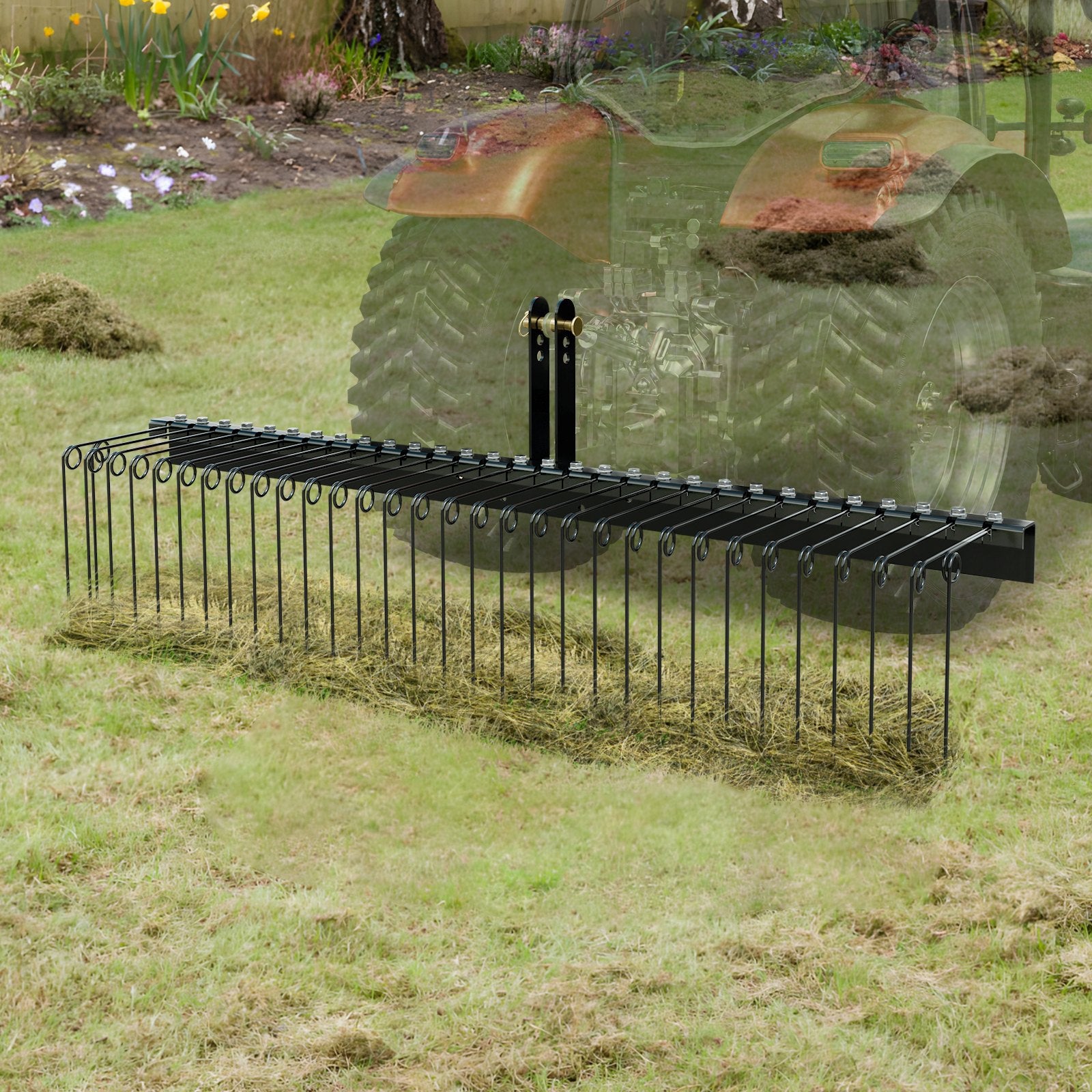Tow Behind Landscape Rake, 72' Tow Dethatcher With 32 Steel Tines, Lawn Dethatcher Rake Attaches To Category 1, 3 Point Hitch For Tractor, For Leaves, Pine Needles, Straw, And Grass
