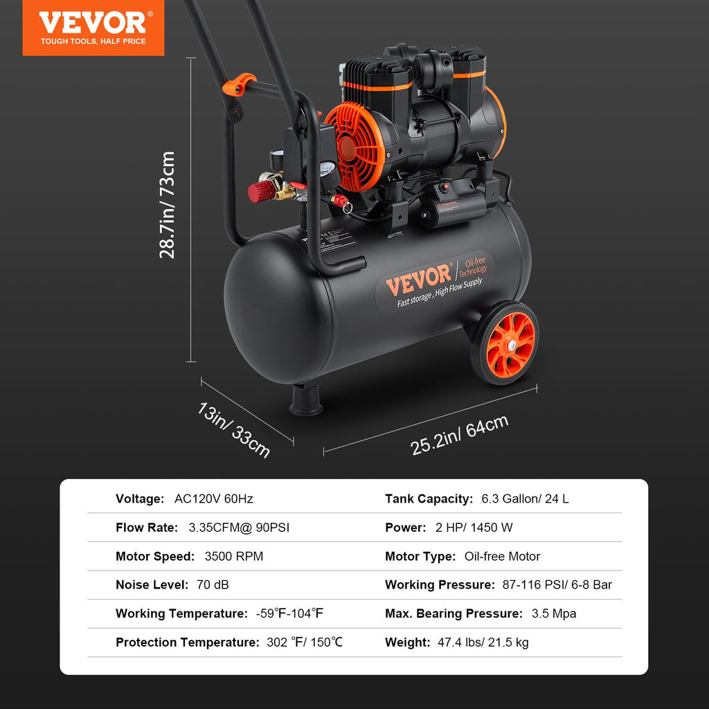 Air Compressor 6.3 Gallon 1450W 3.35 CFM 90PSI 70 DB Ultra Quiet Oil Free