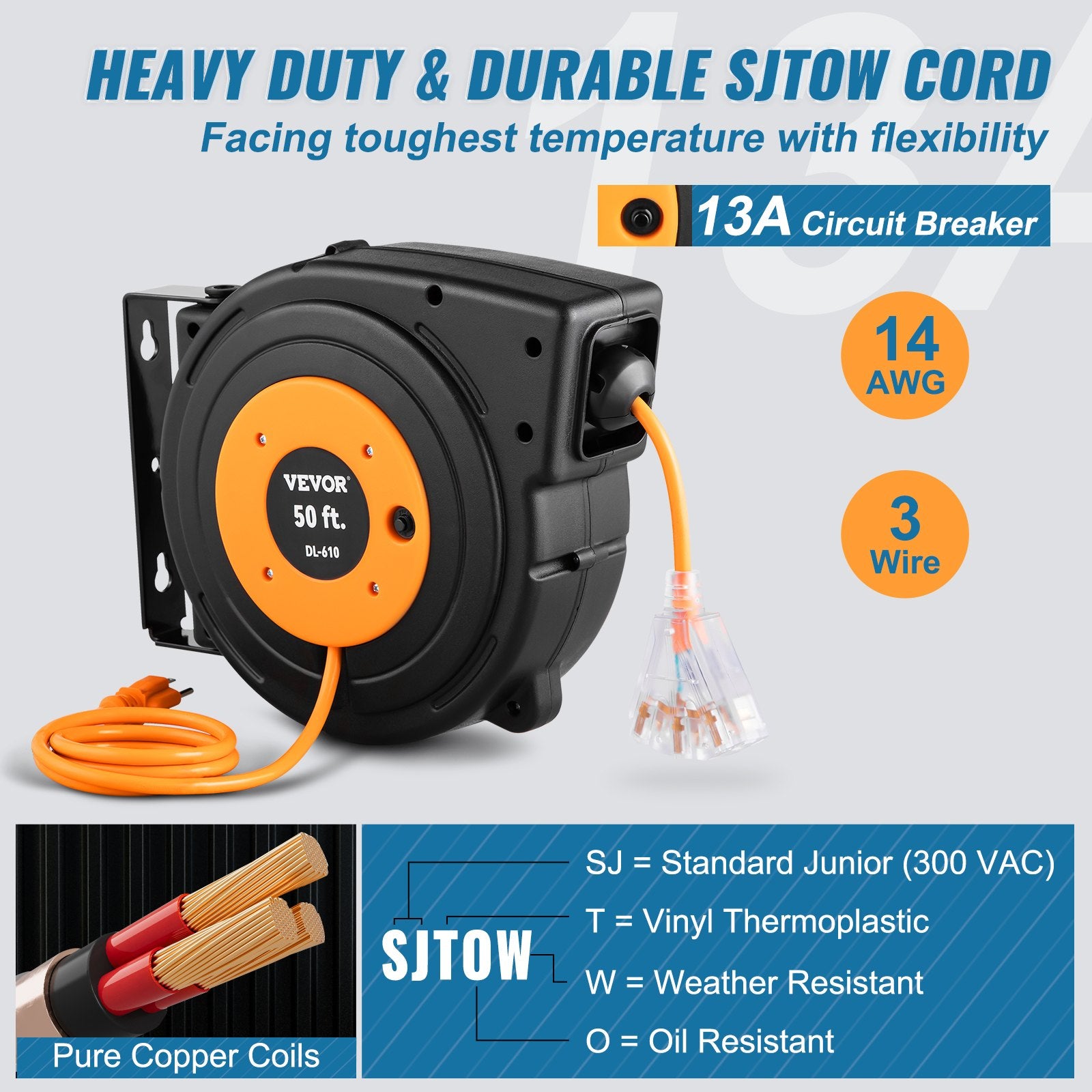 50ft Retractable Extension Cord Reel 14AWG 3CSJTOW Power Cord Reel