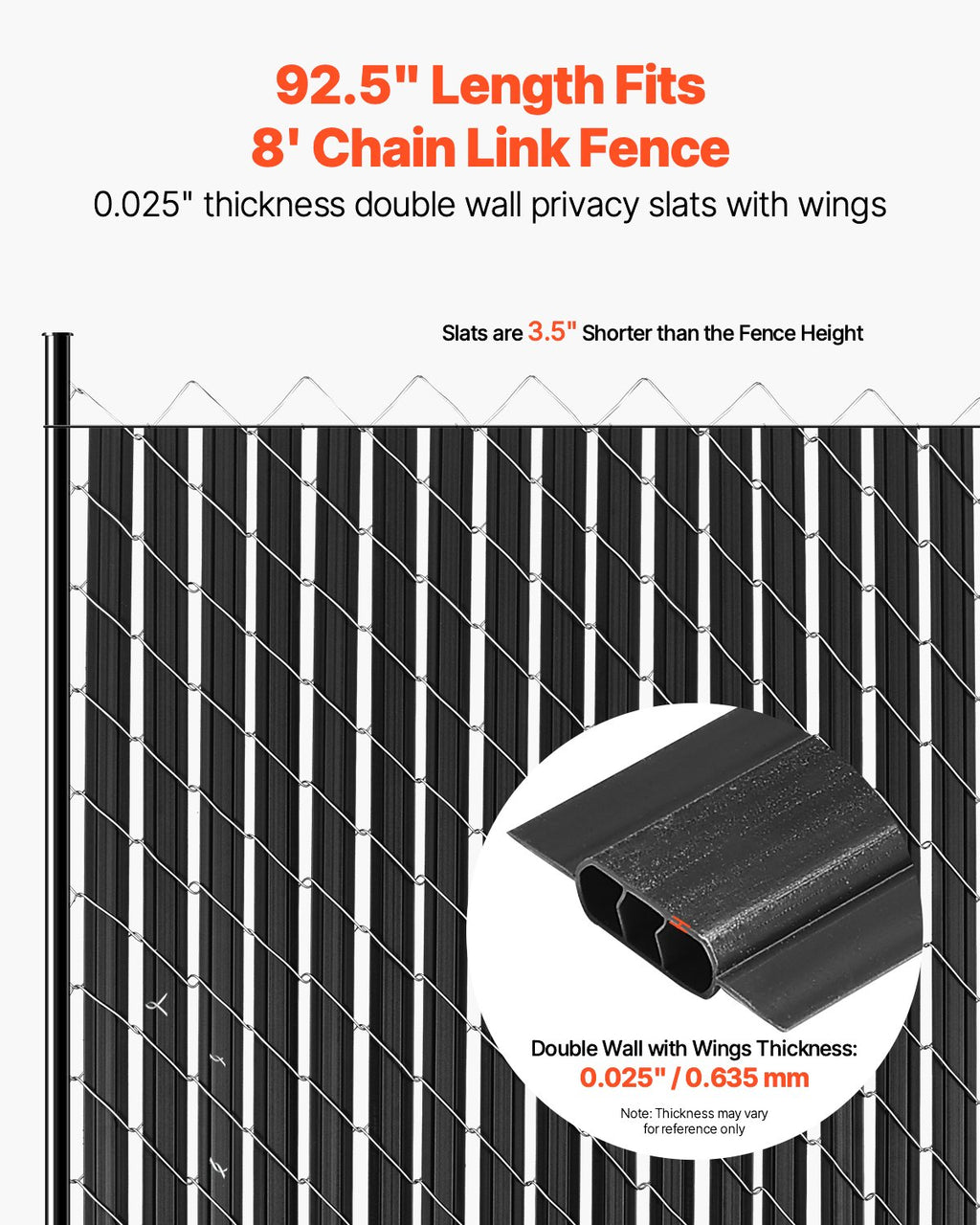 Chain Link Fence Privacy Slats Double-Wall With Wings For 8' High Fence Black