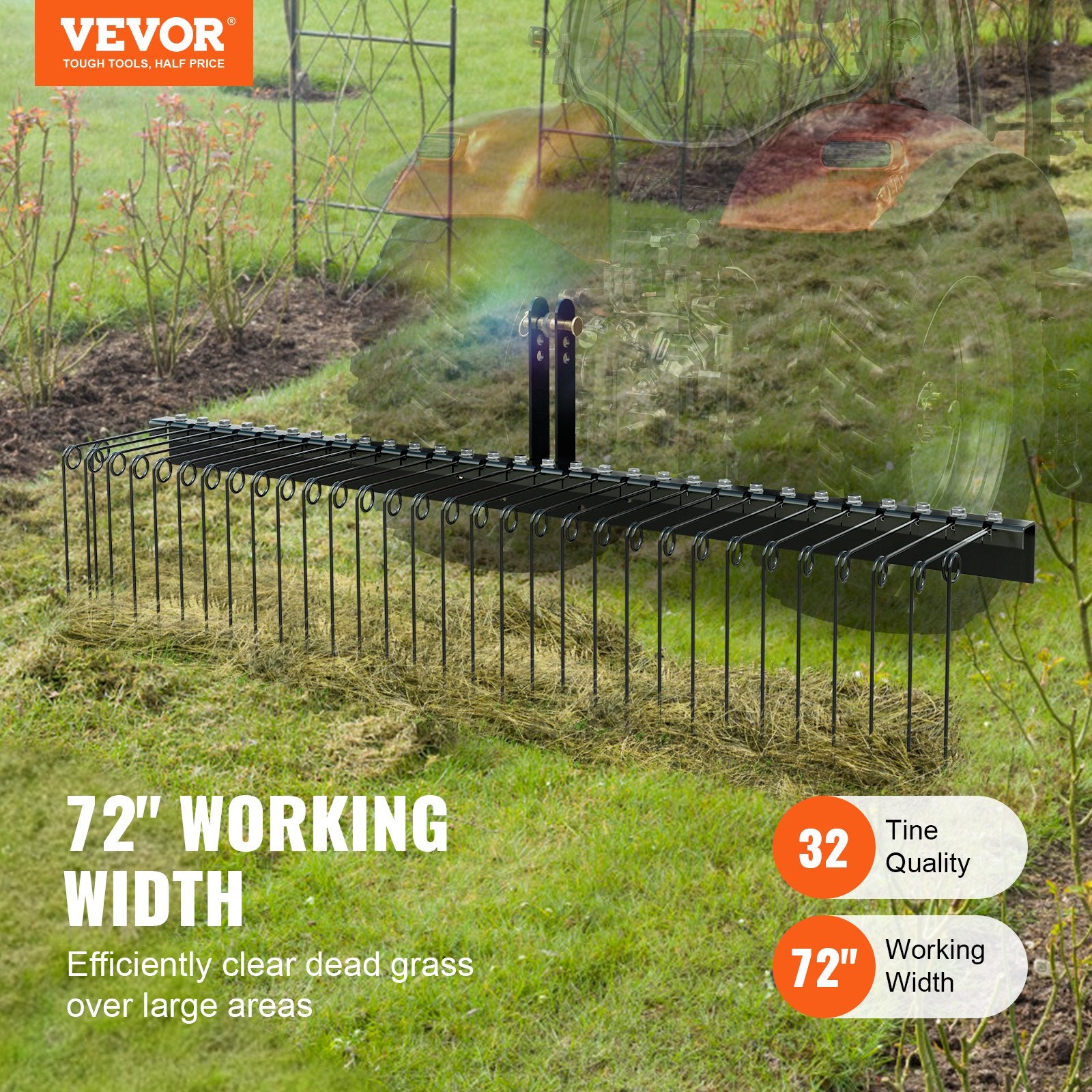 Tow Behind Landscape Rake, 72' Tow Dethatcher With 32 Steel Tines, Lawn Dethatcher Rake Attaches To Category 1, 3 Point Hitch For Tractor, For Leaves, Pine Needles, Straw, And Grass
