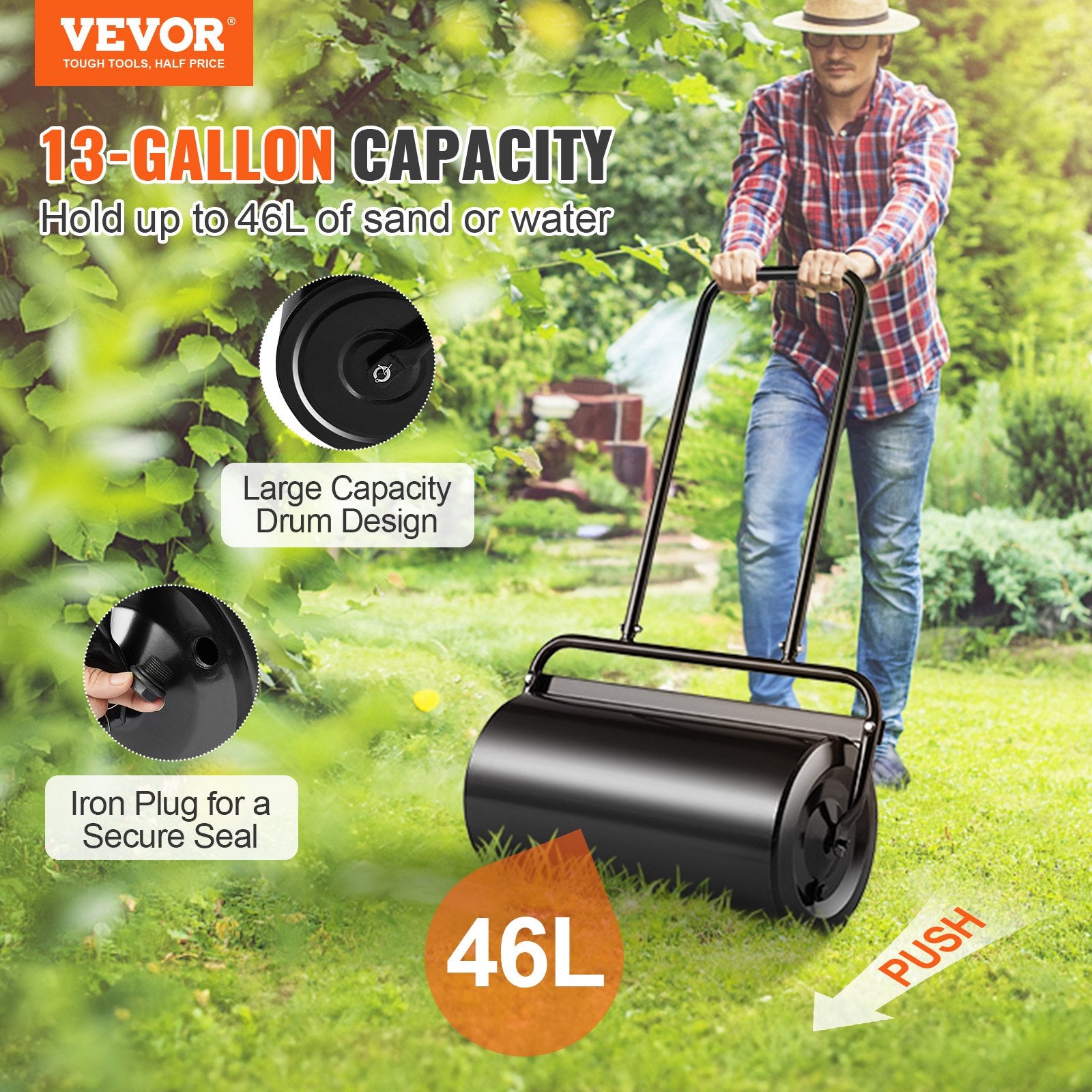 Lawn Roller, 13 Gallon Sand/Water Filled Yard Roller, Steel Sod Roller With Easy-turn Plug And U-Shaped Ergonomic Handle For Convenient Push And Pull, For Lawn, Garden, Farm, Park, Black