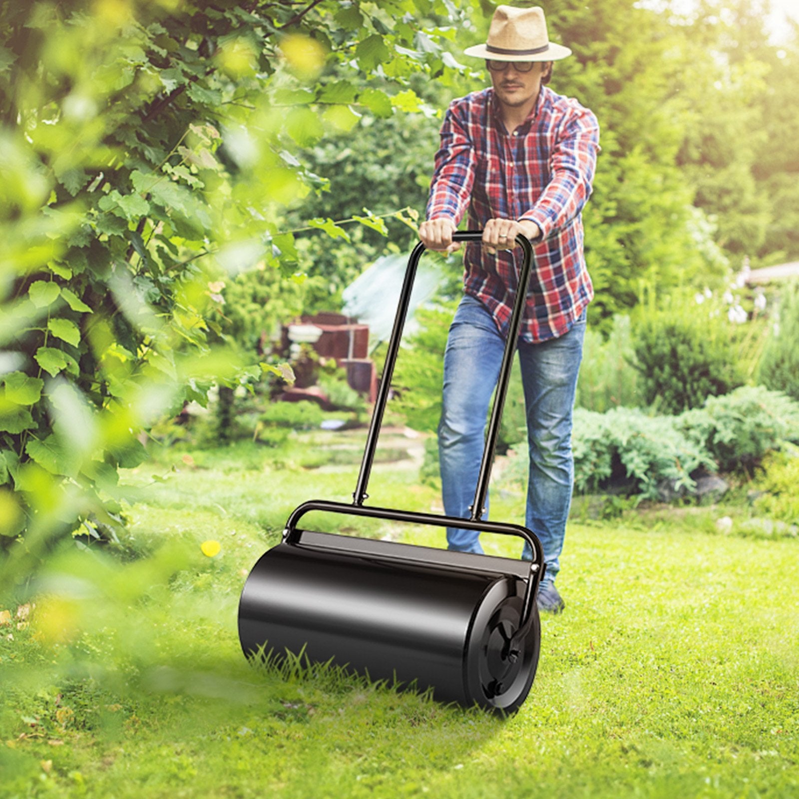 Lawn Roller, 13 Gallon Sand/Water Filled Yard Roller, Steel Sod Roller With Easy-turn Plug And U-Shaped Ergonomic Handle For Convenient Push And Pull, For Lawn, Garden, Farm, Park, Black