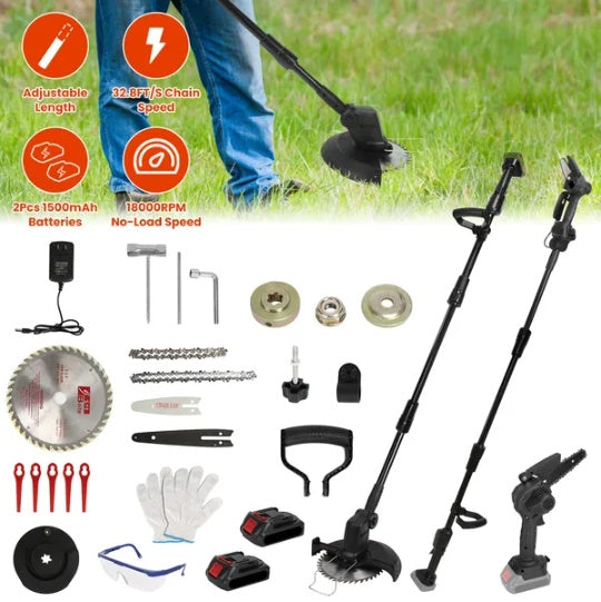3-in-1 Cordless Electric Pole Saw & Mini Chainsaw & Grass Trimmer Kit With Adjustable Length 2Pcs 21V 1500mAh Batteries 4in 6in Chains Saw Blade 5Pcs Plastic Blades