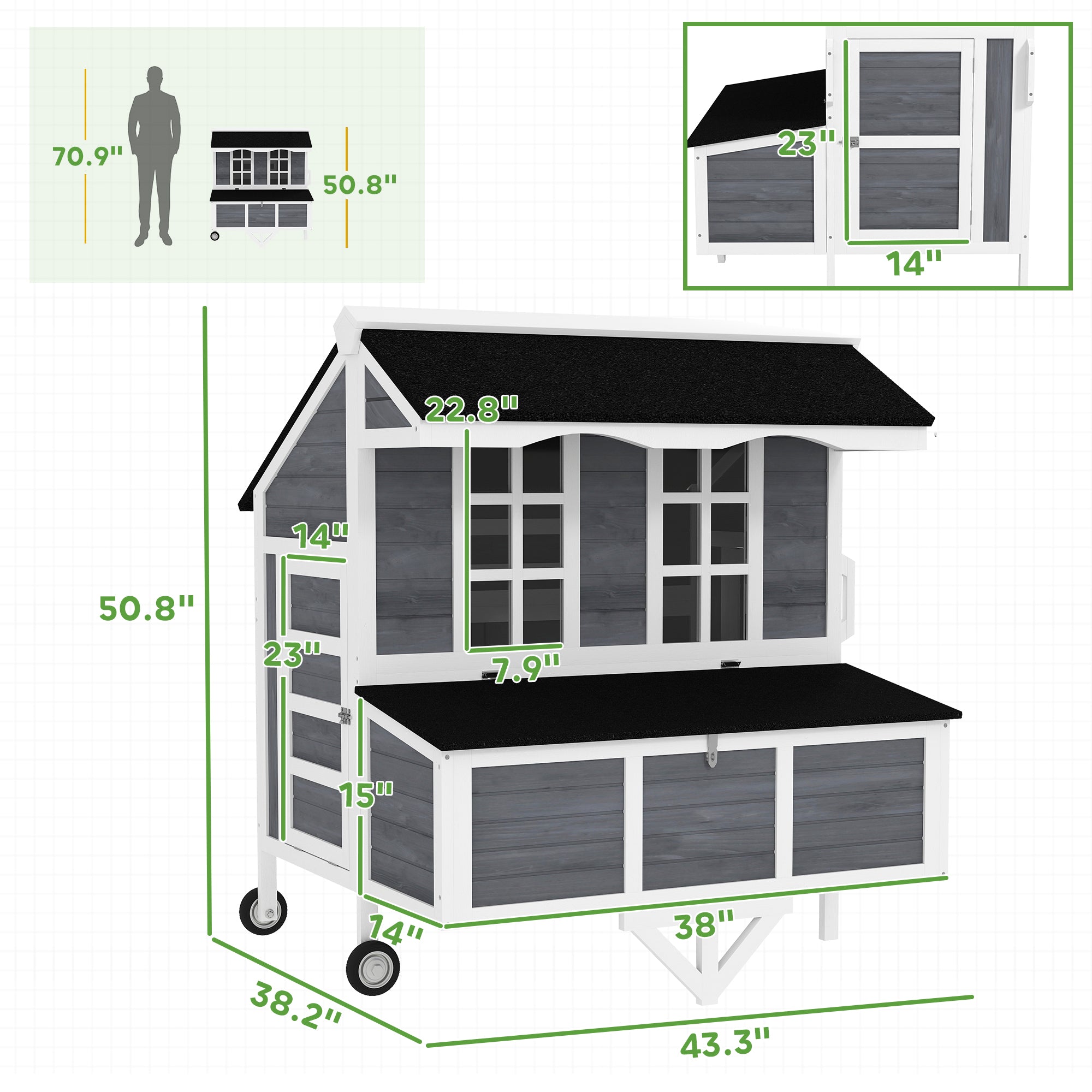 43" Chicken Coop with Wheels, Chicken Tractor with Nesting Box, Windows, Pull-out Tray, Perches, for 2-4 Hens, Gray