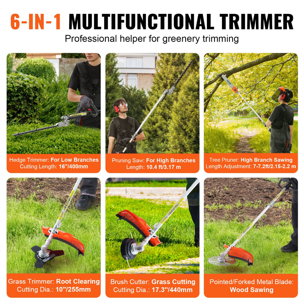 43CC 6-in-1 Multi-Functional Trimming Tools, Gas Hedge Trimmer, Weed Eater, String Trimmer, Brush Cutter, Edger, Pole Saw Chainsaw Pruner With Extension Pole