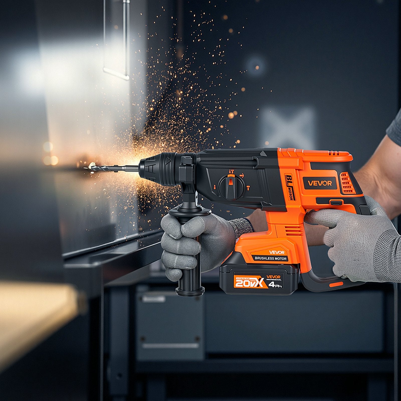 20V SDS-Plus Brushless Cordless Rotary Hammer Drill Kit 1.1 In 1200RPM 4Function