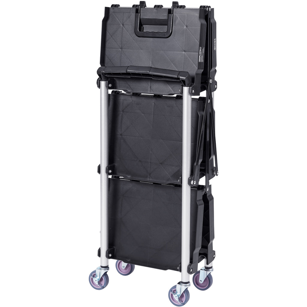 Foldable Utility Service Cart, 3 Shelf 165LBS Heavy Duty Plastic Rolling Cart With Lockable Wheels, Ergonomic Handle, Portable Garage Tool Cart