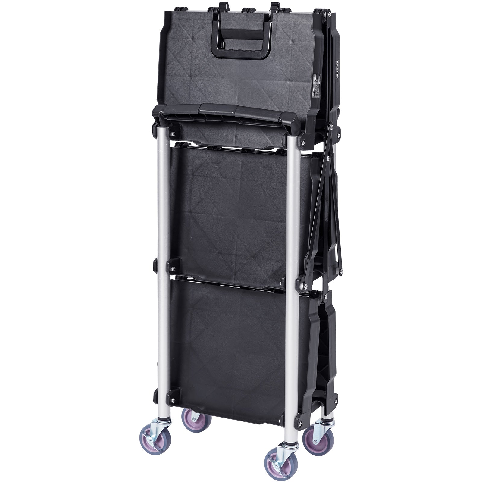 Foldable Utility Service Cart, 3 Shelf 165LBS Heavy Duty Plastic Rolling Cart With Lockable Wheels, Ergonomic Handle, Portable Garage Tool Cart