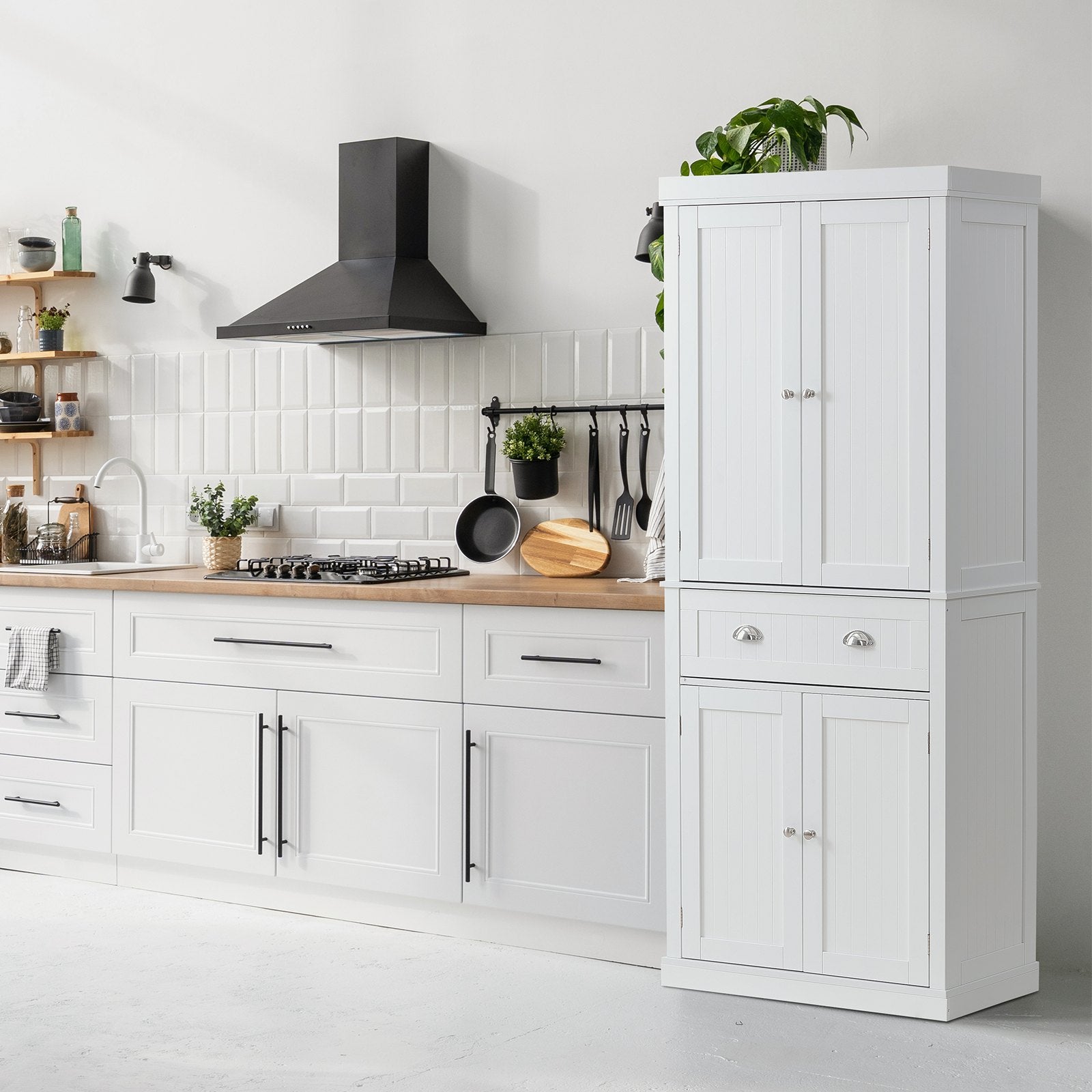 Kitchen Pantry Storage Cabinet, Freestanding Utility Cabinets With Doors, Drawer And 3 Adjustable Shelves, Tall Food Buffet Pantries For Kitchen, Living Room, Dinning Room, Laundry, White