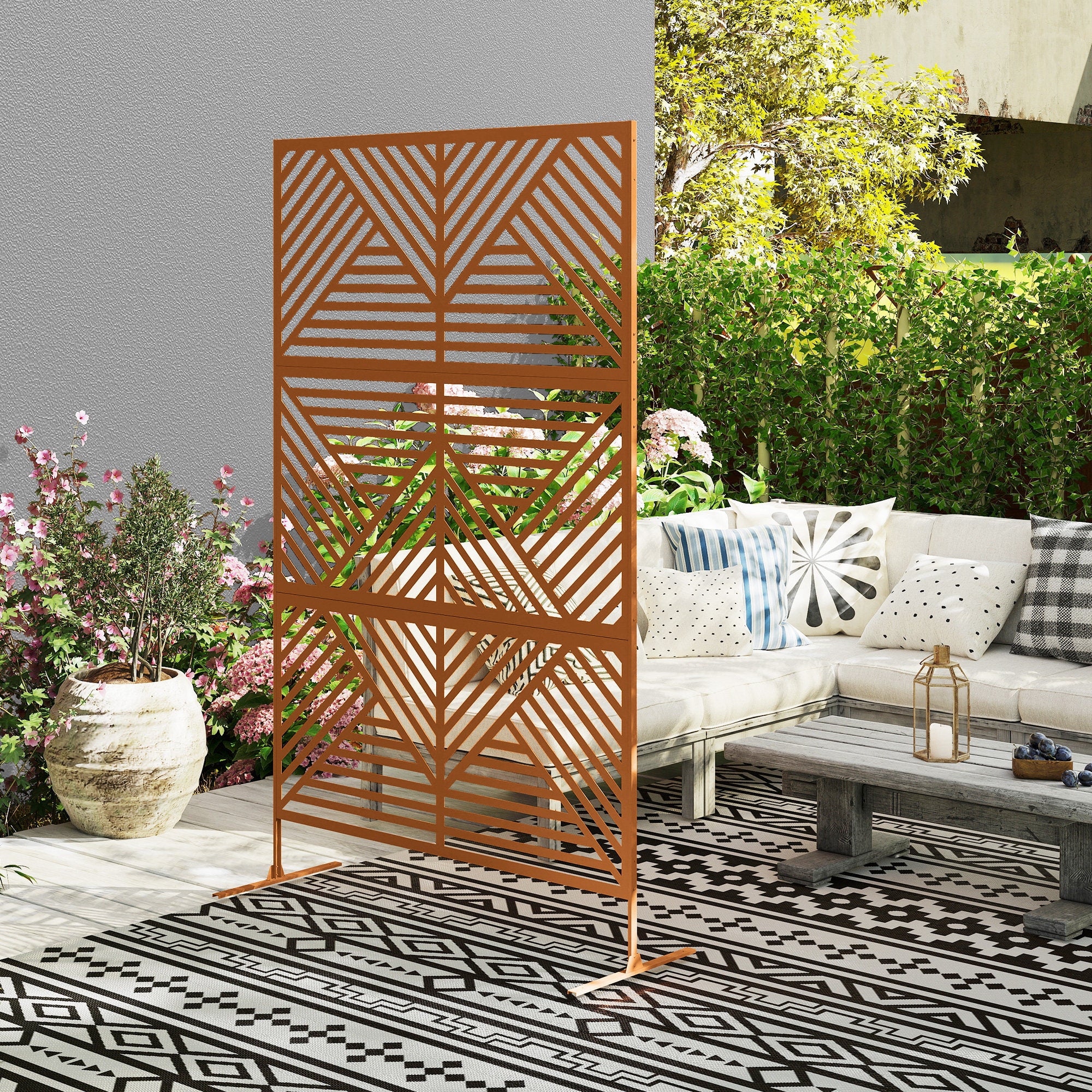 Decorative Privacy Fence Screen, Metal Outdoor Privacy Screen Climbing Plant Trellis with Stand, Rhombus Brown