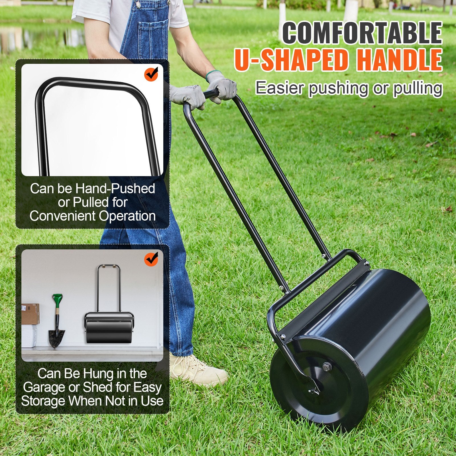 Lawn Roller, 13 Gallon Sand/Water Filled Yard Roller, Steel Sod Roller With Easy-turn Plug And U-Shaped Ergonomic Handle For Convenient Push And Pull, For Lawn, Garden, Farm, Park, Black