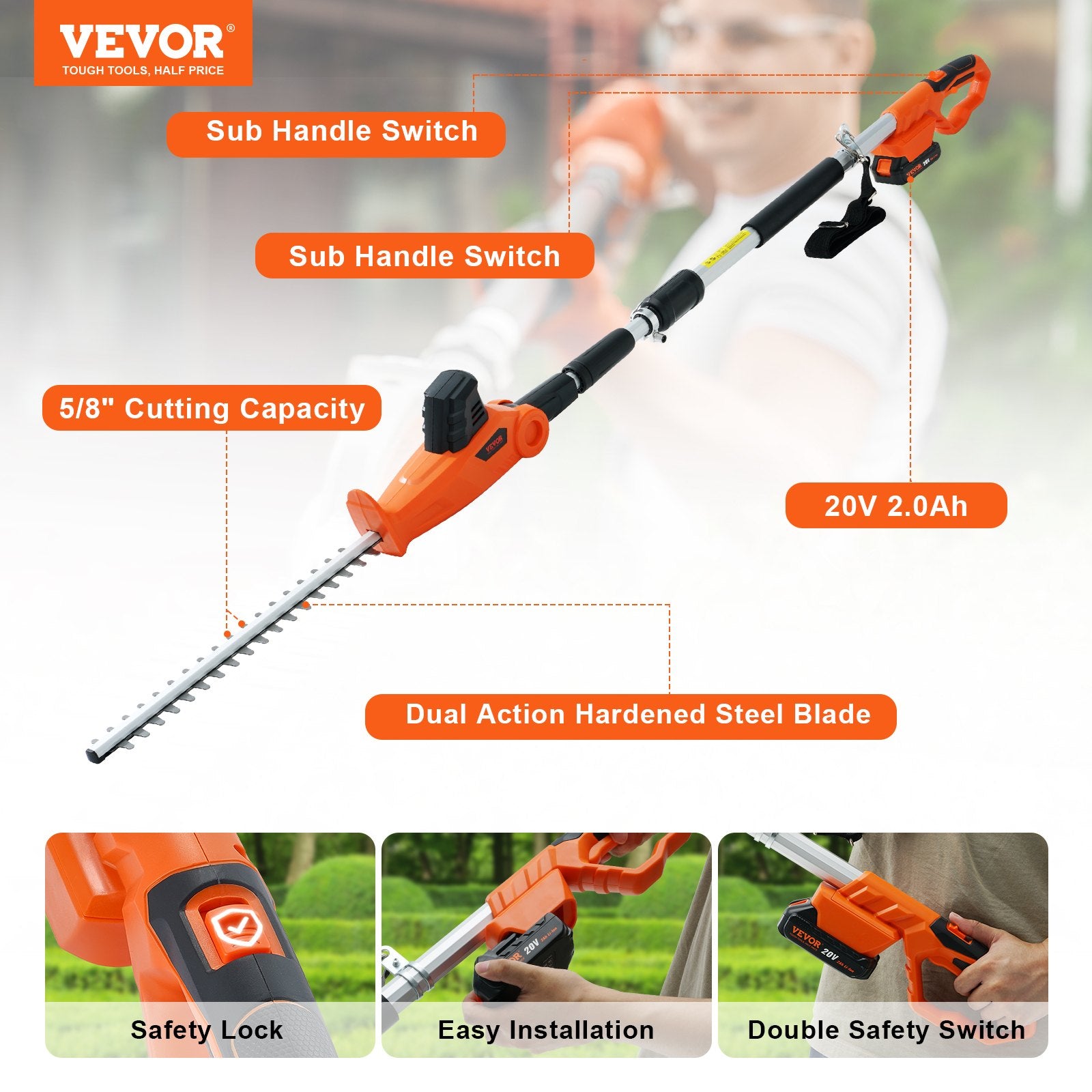 20V Cordless Hedge Trimmer, 18 Inch Double-edged Steel Blade, Pole Hedge Trimmer Kit 20V Battery, Fast Charger Included, Telescoping Design For High Branches