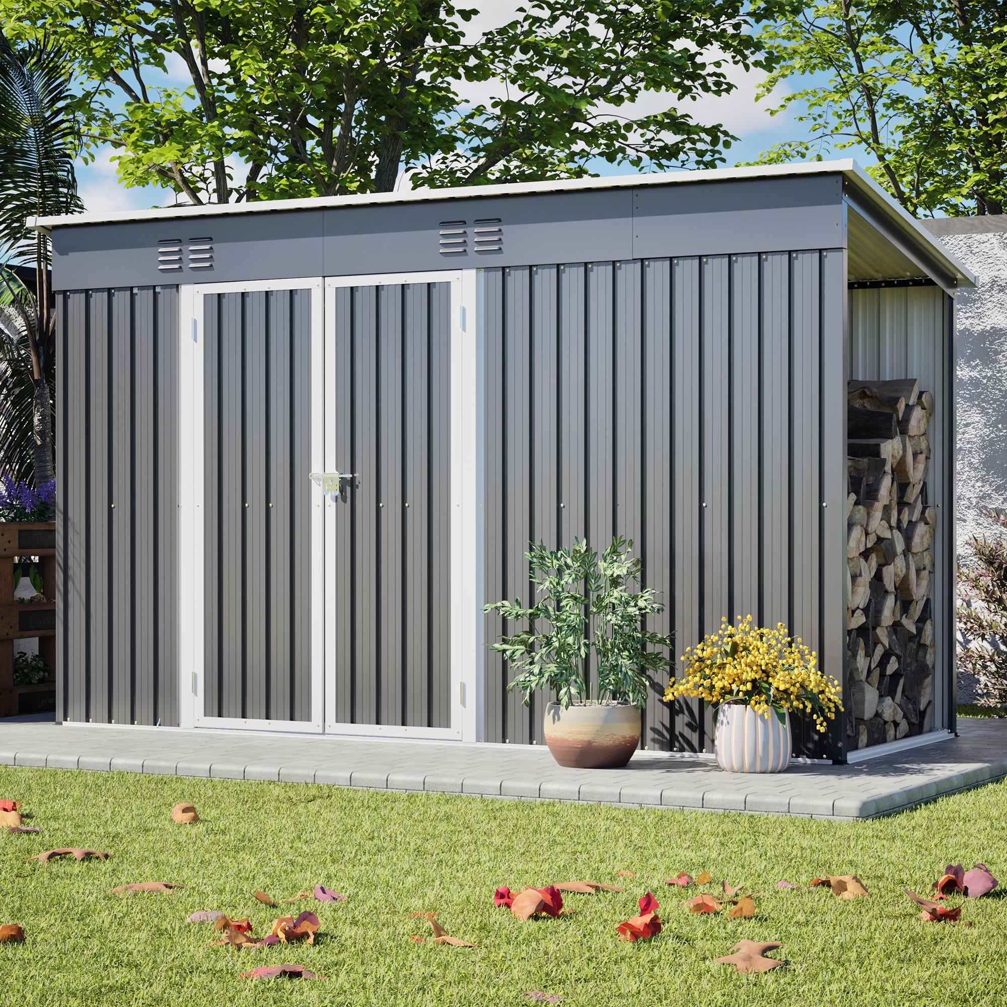 10'x4' Outdoor Metal Storage Shed For Garden Tools Lockable Door With Floor Frame
