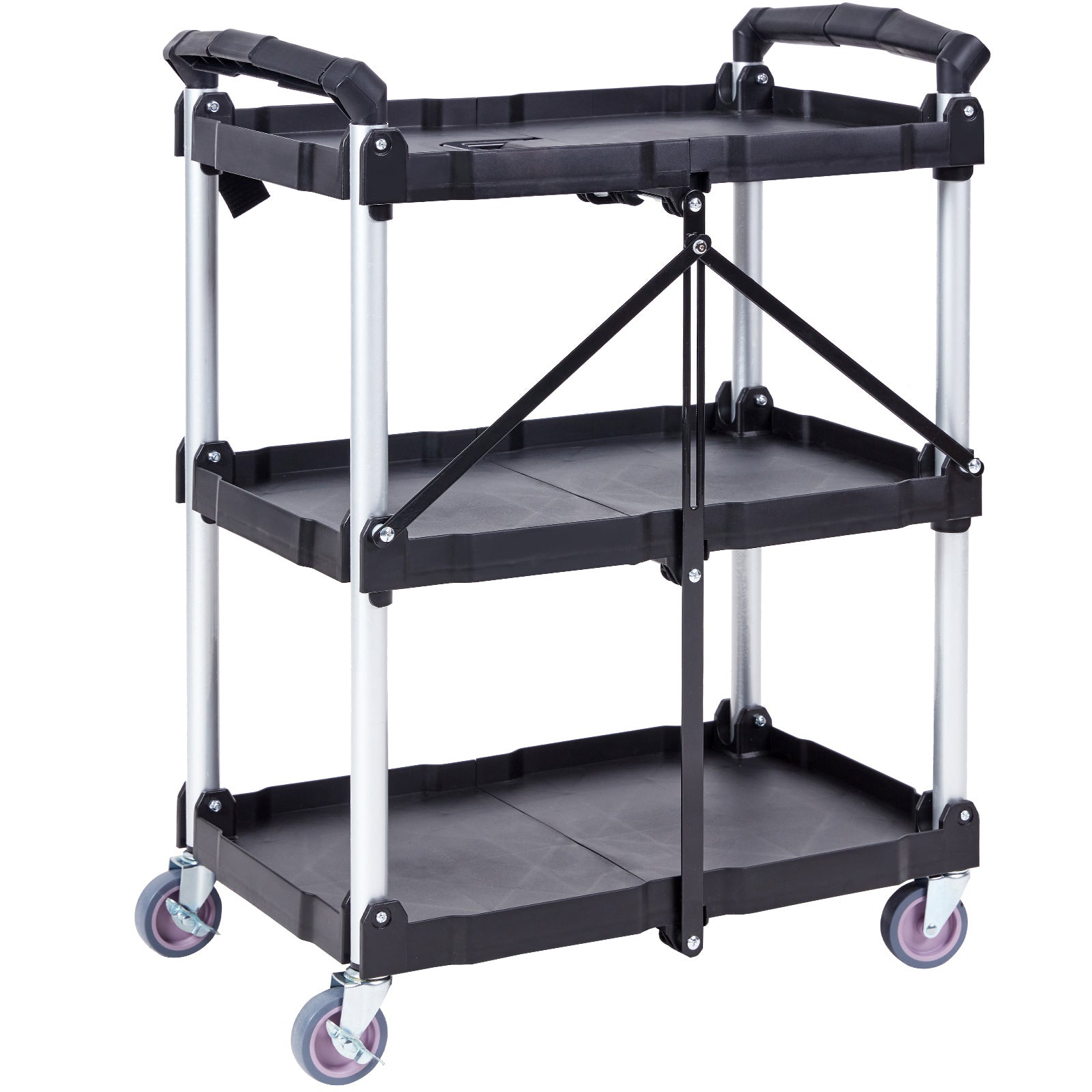 Foldable Utility Service Cart, 3 Shelf 165LBS Heavy Duty Plastic Rolling Cart With Lockable Wheels, Ergonomic Handle, Portable Garage Tool Cart
