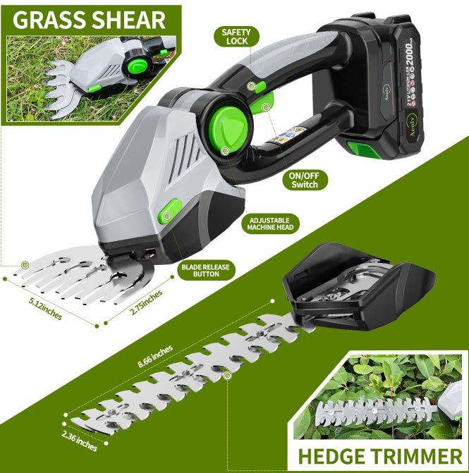Cordless Hedge Trimmer, 2-in-1 Electric Handheld Grass Shears With 21V 2.0 Battery X2, Grass Trimmer, Mini Bush Trimmer Kit For Garden, Patio And Lawn