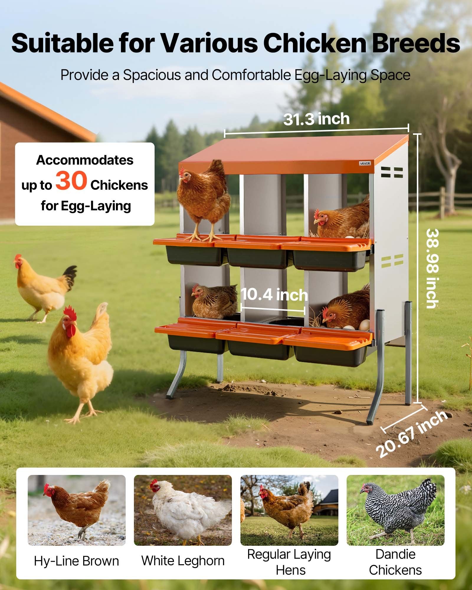 Chicken Nesting Boxes, 6 Compartments, With Support Legs, Easy Egg Collection, Galvanized Steel And High-Strength Plastic, Roll Away Nesting Boxes For Chickens And Hens Laying Eggs, Orange