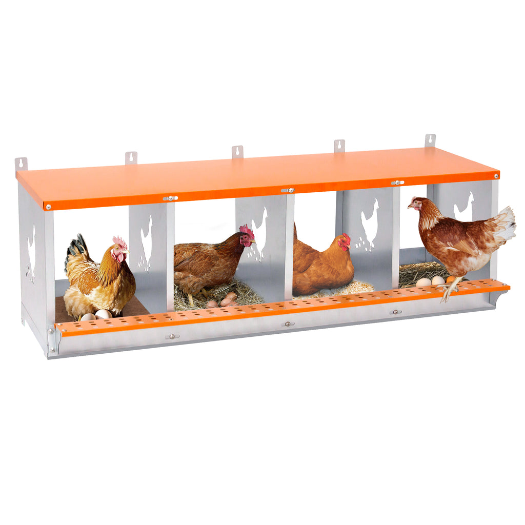 4-Bay Metal Nest Box-Wall Mount For Hens Ducks, Easy Egg   Assembly, Vented Galvanized Steel Coop Equipment Orange