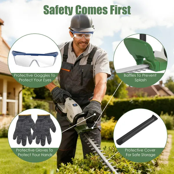 20'' Cordless Hedge Trimmer 21V Handheld Bush Trimmer Electric Grass Shrub Trimmer With Dual-Action Blades 0.6" Cutting Diameter Safety Lock ±90° Adjustable Handle
